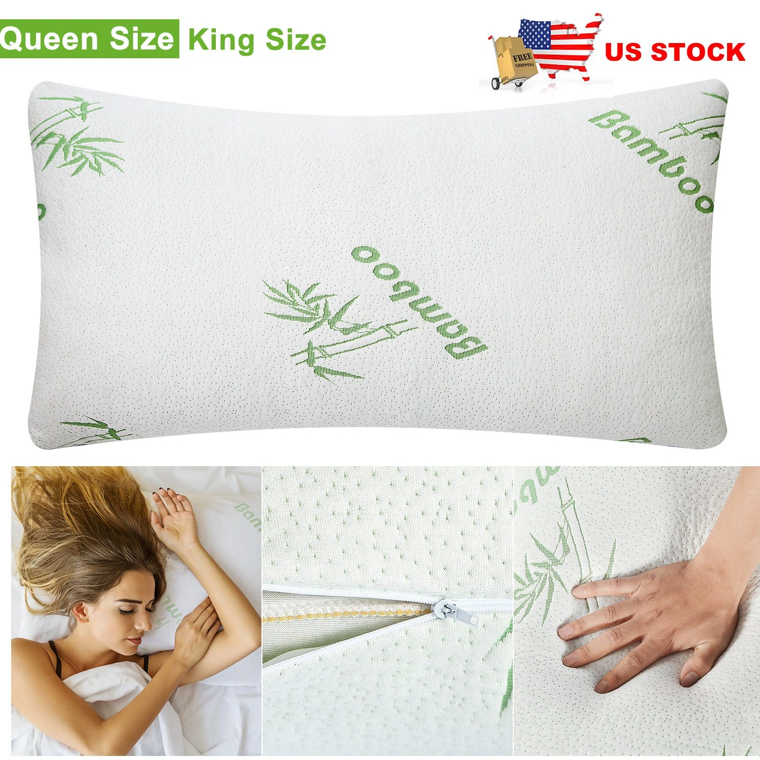 2 Pack Bamboo Memory Foam Pillow, Hypoallergenic Shredded Bed Pillow Queen Size, Washable Cover, Neck & Head Support for Sleeping view 2