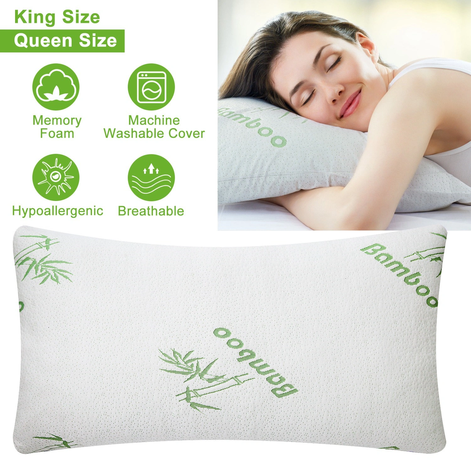 2 Pack Bamboo Memory Foam Pillow, Hypoallergenic Shredded Bed Pillow Queen Size, Washable Cover, Neck & Head Support for Sleeping view 3