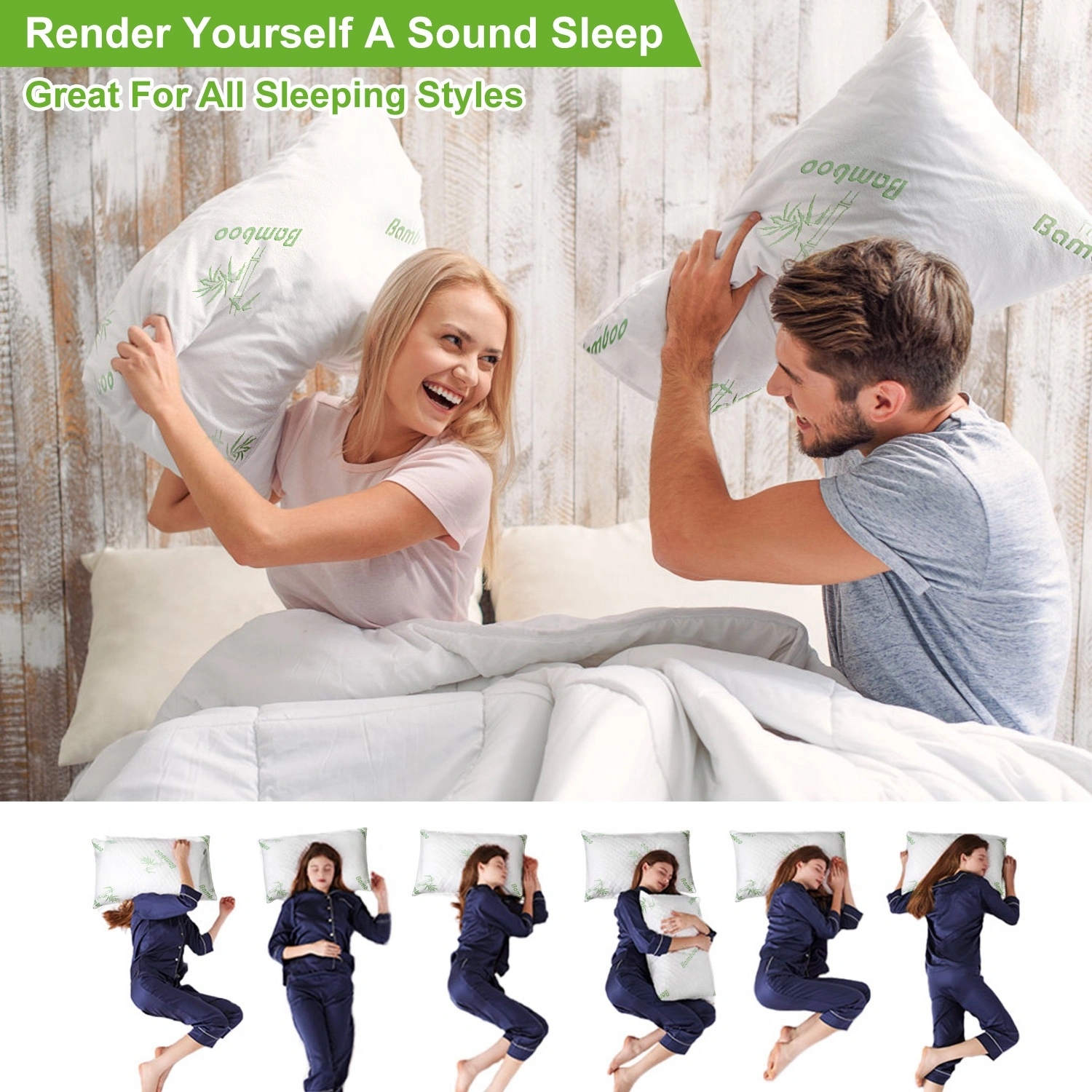 2 Pack Bamboo Memory Foam Pillow, Hypoallergenic Shredded Bed Pillow Queen Size, Washable Cover, Neck & Head Support for Sleeping view 5