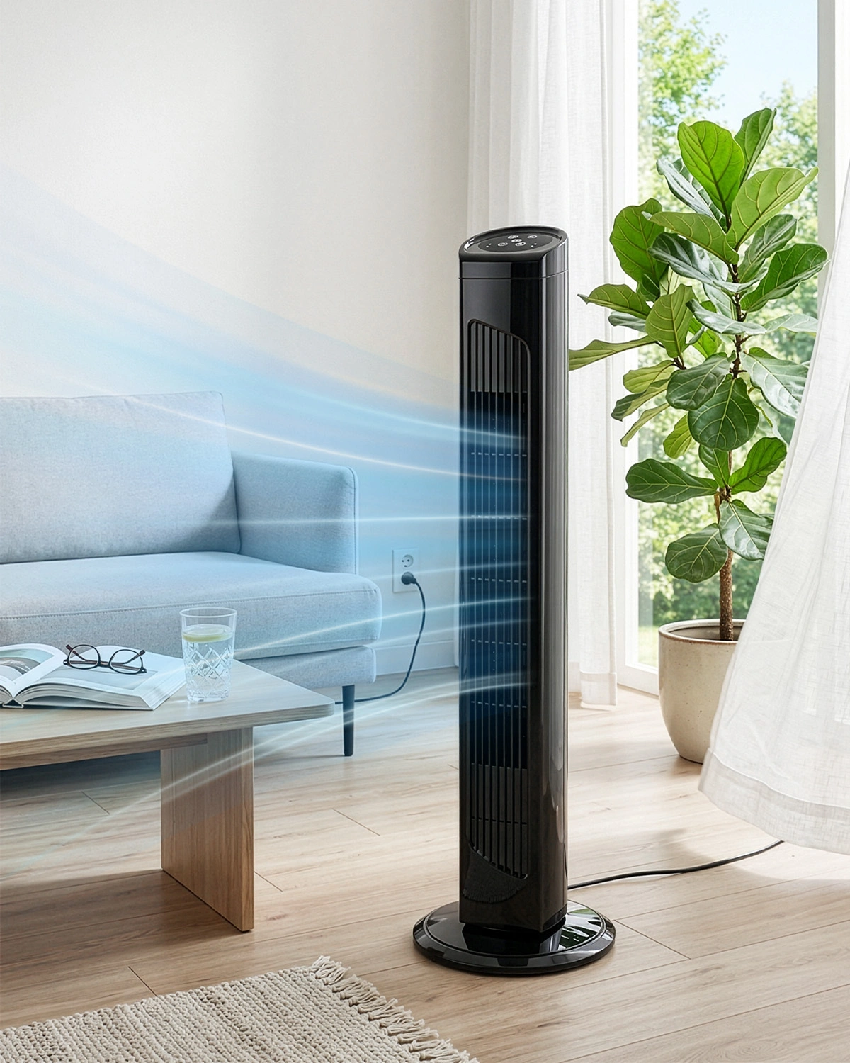 US Standard RTW-AR Tower Fan, 110V, 45W, 32 Inch Column Tower Fan, Touch Control with Remote, Plastic Body, Copper Motor, Black, 3 Speeds, 3 Wind Modes, Oscillating, 7.5-Hour Timer for Home Use view 14