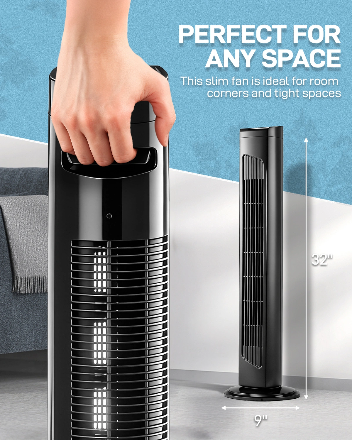 US Standard RTW-AR Tower Fan, 110V, 45W, 32 Inch Column Tower Fan, Touch Control with Remote, Plastic Body, Copper Motor, Black, 3 Speeds, 3 Wind Modes, Oscillating, 7.5-Hour Timer for Home Use view 16