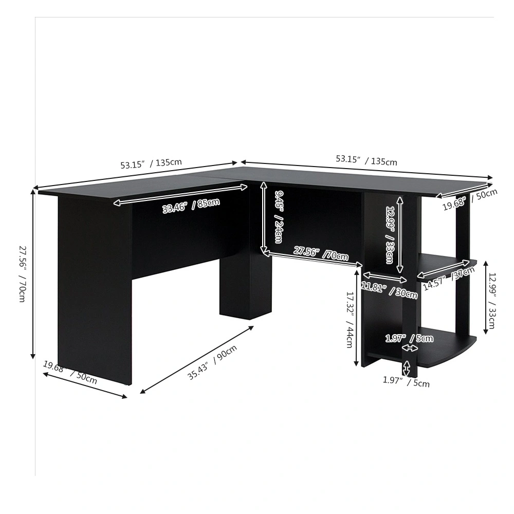 L-Shaped Wood Computer Desk with Two-Layer Bookshelves, Right-Angle Corner Office Desk for Home Workspace view 3