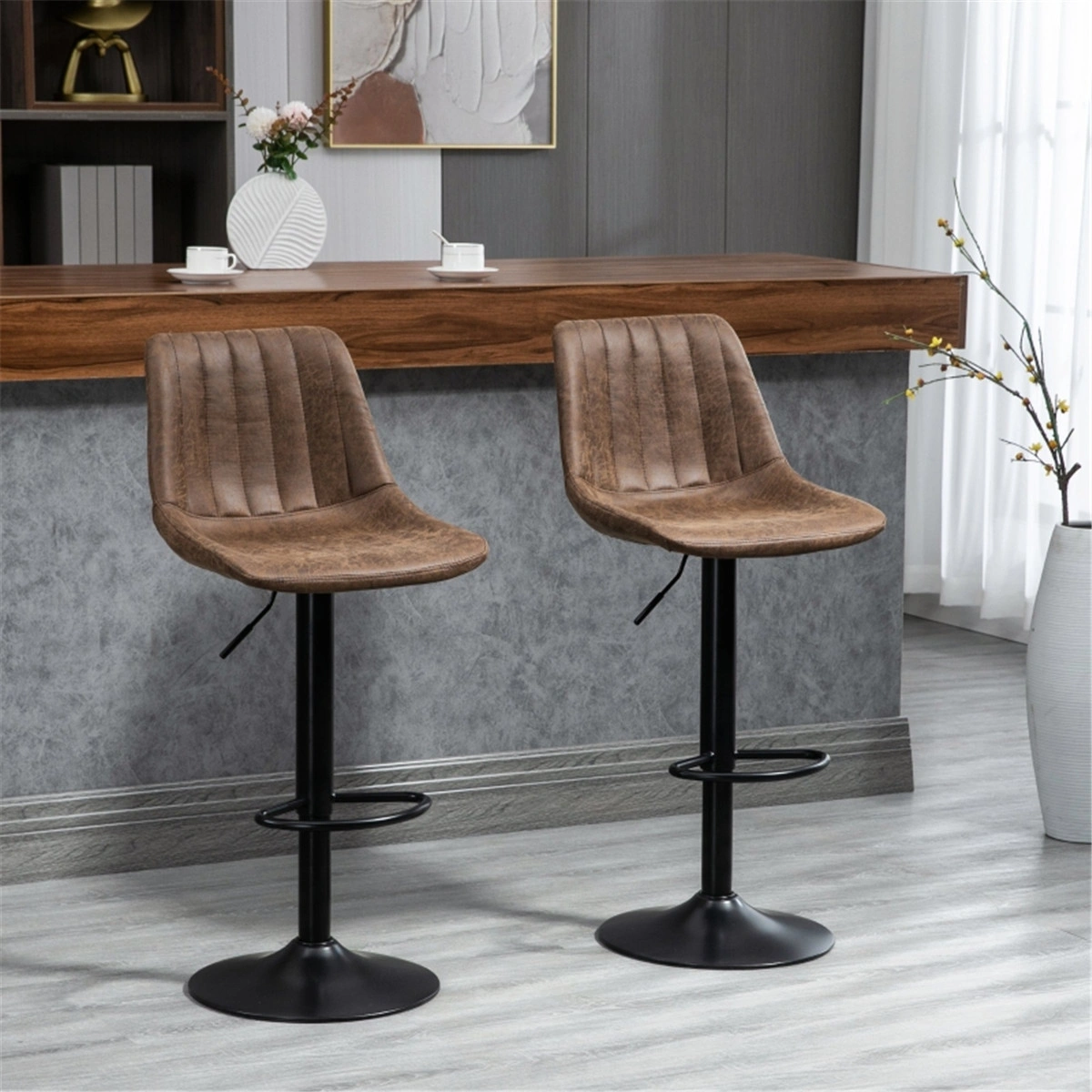 Modern Bar Stool Swivel Counter Height Chair,PU Leather Dining Chair with Footrest,Office Chair 21.7"W×22"D×45"H,Black Metal Frame
