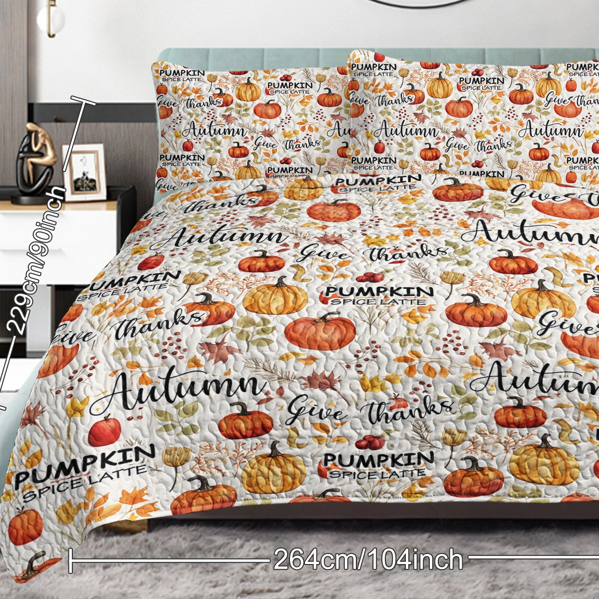Pumpkin Autumn Leaves Quilt Set 3 Piece Queen Size All Season Bed view 10