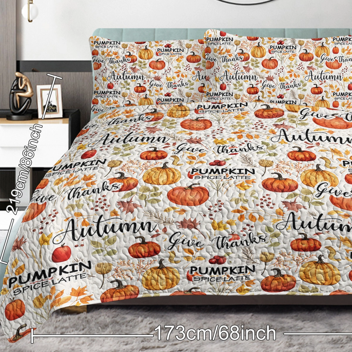Pumpkin Autumn Leaves Quilt Set 3 Piece Queen Size All Season Bed view 12