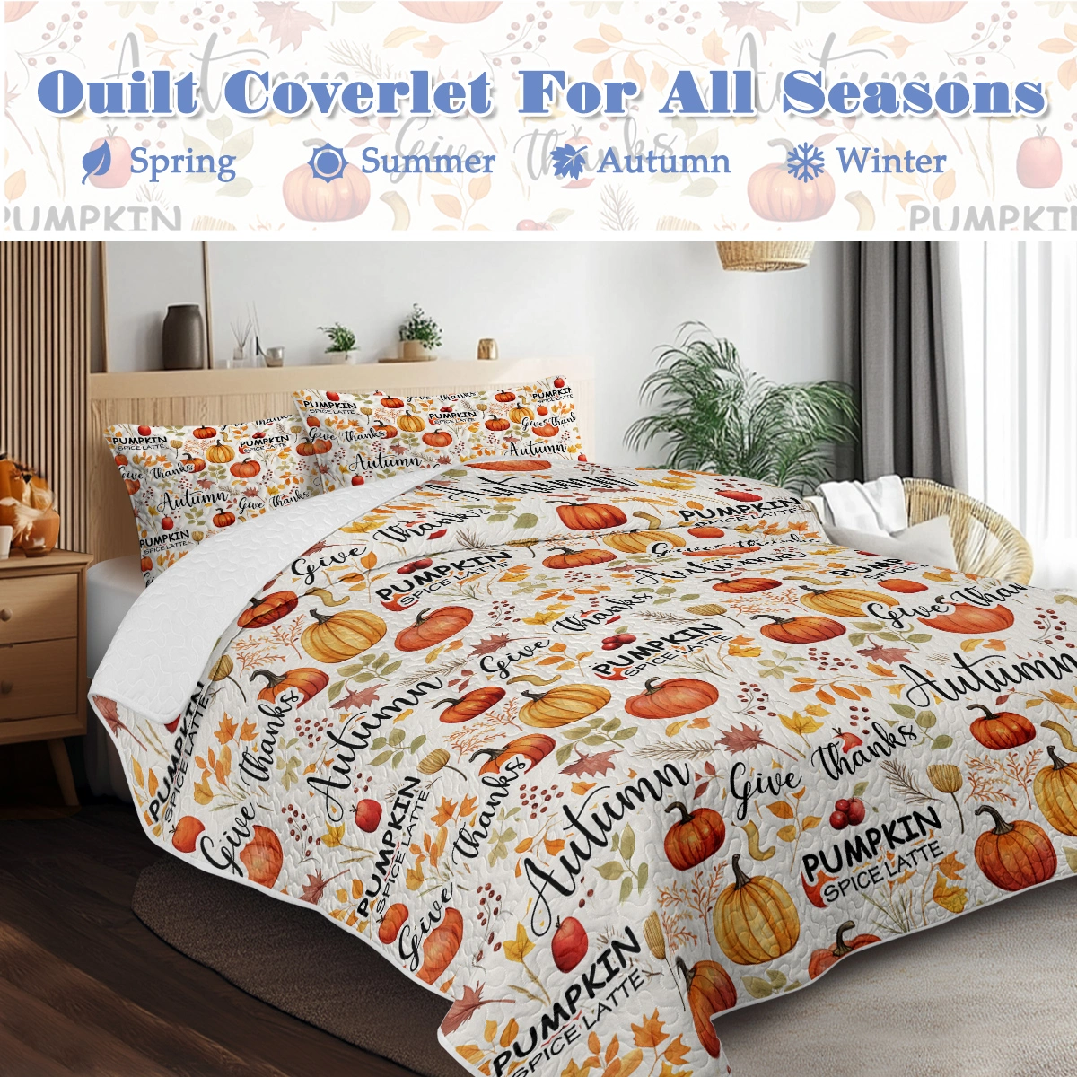 Pumpkin Autumn Leaves Quilt Set 3 Piece Queen Size All Season Bed view 2