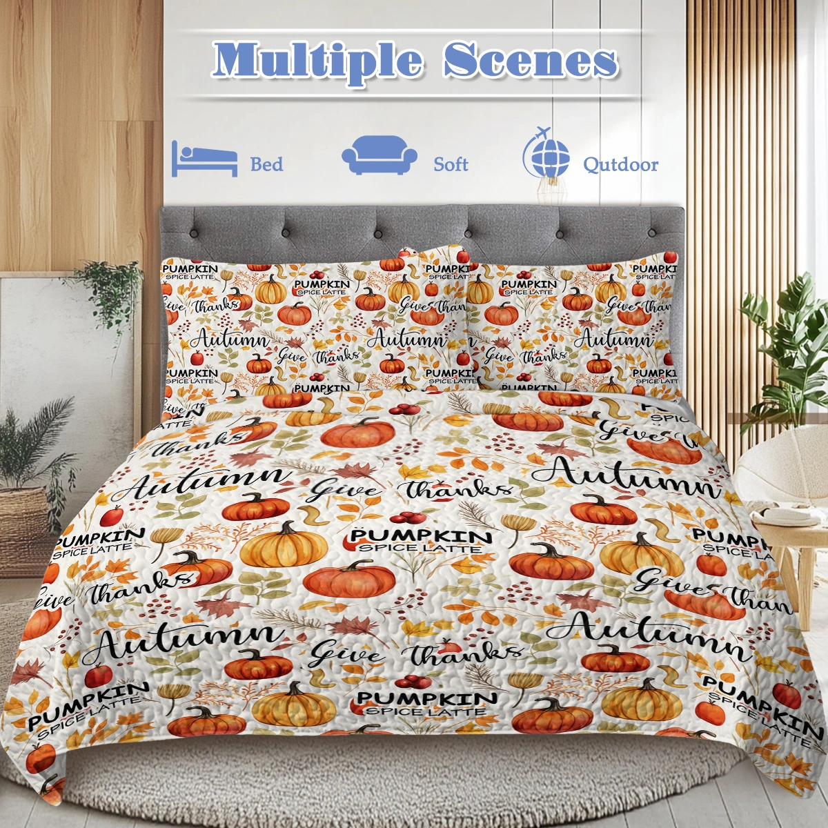 Pumpkin Autumn Leaves Quilt Set 3 Piece Queen Size All Season Bed view 3