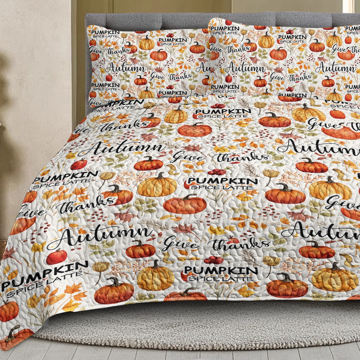 Pumpkin Autumn Leaves Quilt Set 3 Piece Queen Size All Season Bed view 8