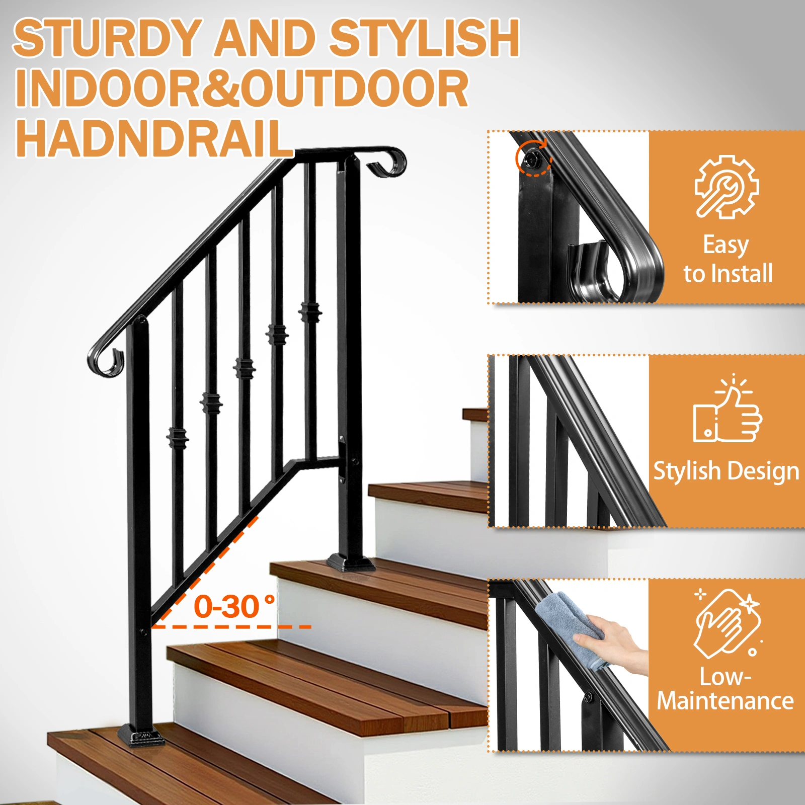 Matte Black Outdoor 2-Step Iron Handrail view 10