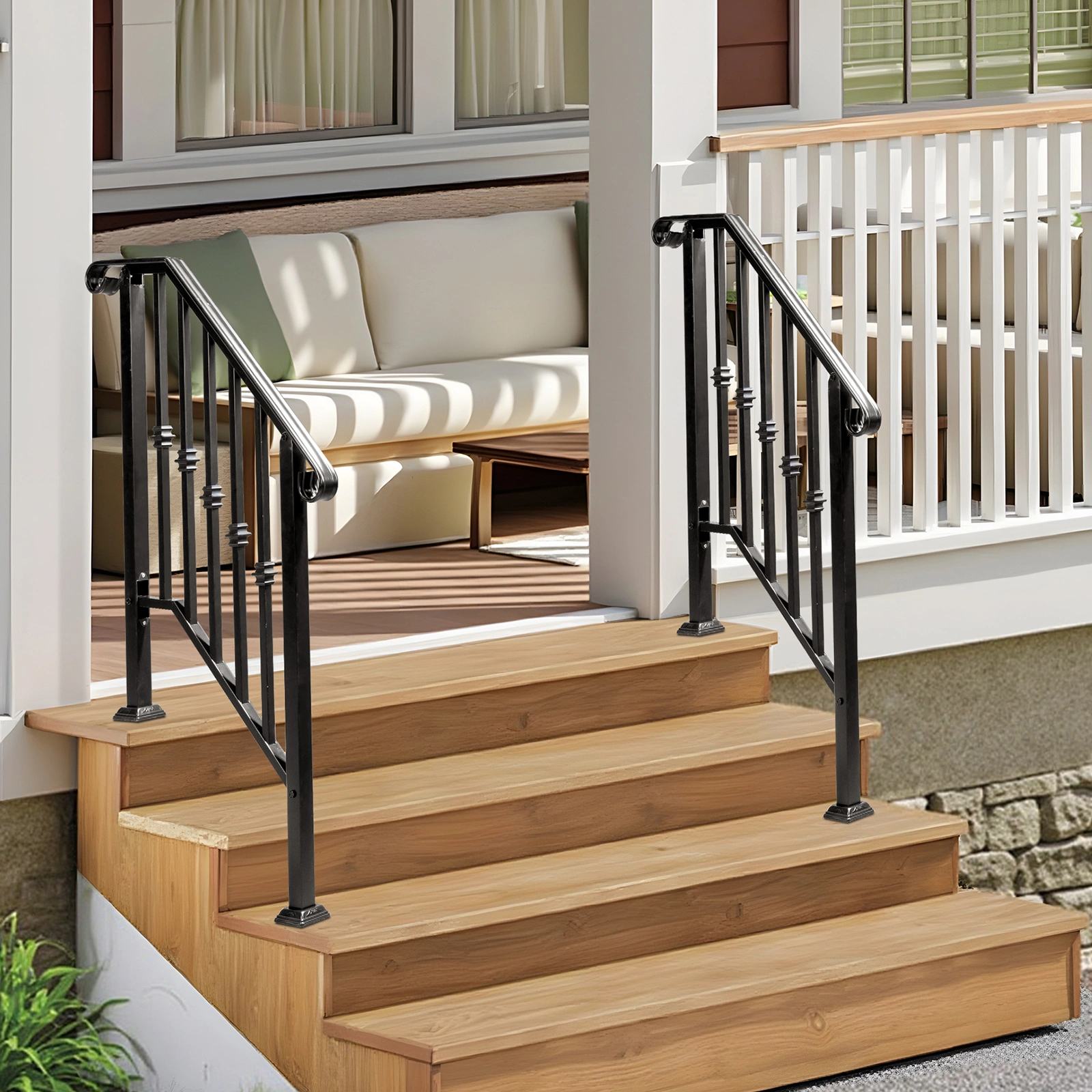 Matte Black Outdoor 2-Step Iron Handrail view 12