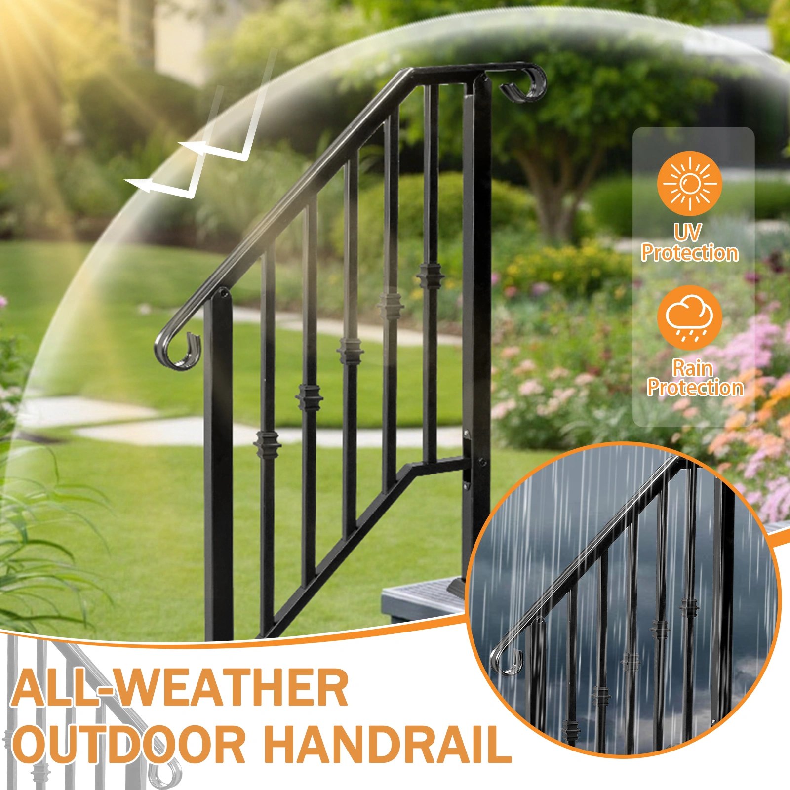 Matte Black Outdoor 2-Step Iron Handrail view 13