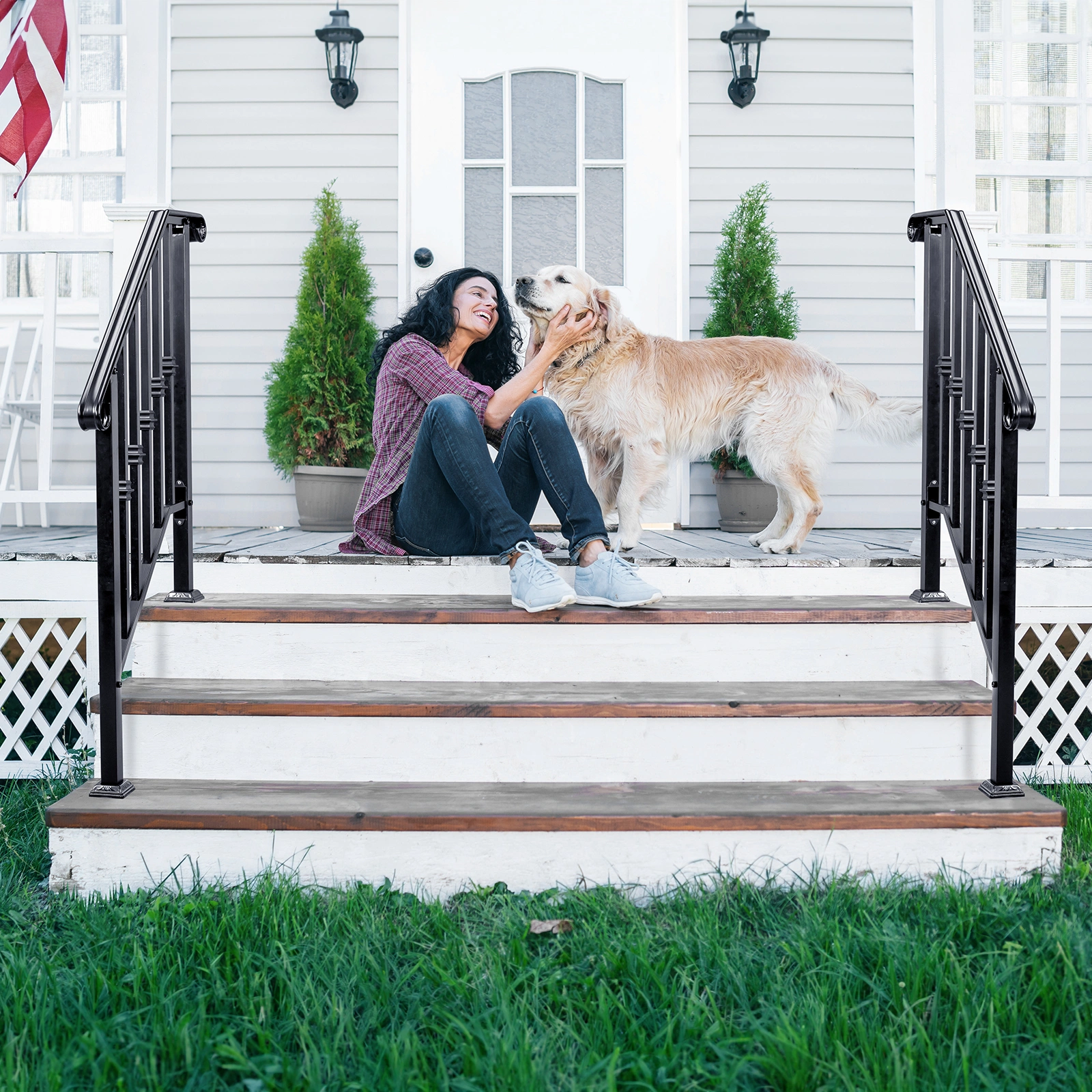 Matte Black Outdoor 2-Step Iron Handrail view 14