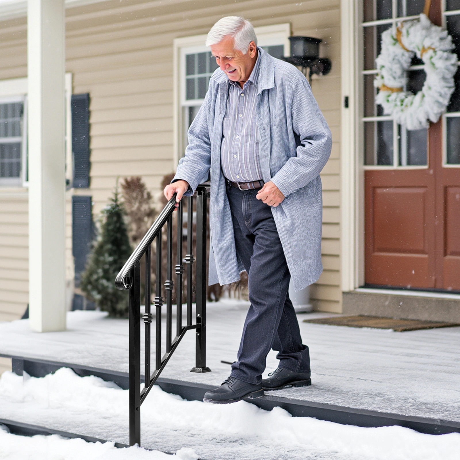 Matte Black Outdoor 2-Step Iron Handrail view 15
