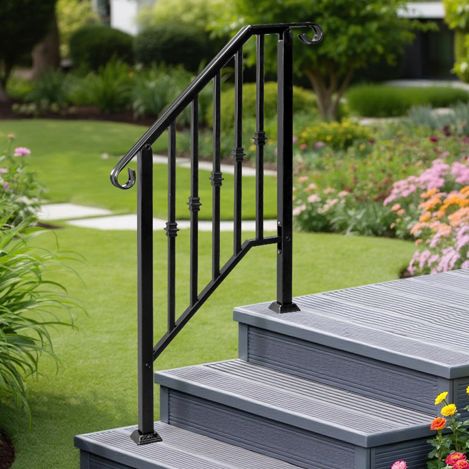 Matte Black Outdoor 2-Step Iron Handrail view 3