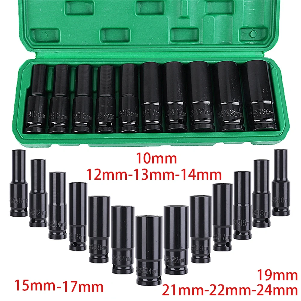 10-Piece Deep Impact Socket Set 1/2" Drive Long Reach Thin Wall Metric Sockets 10-24mm