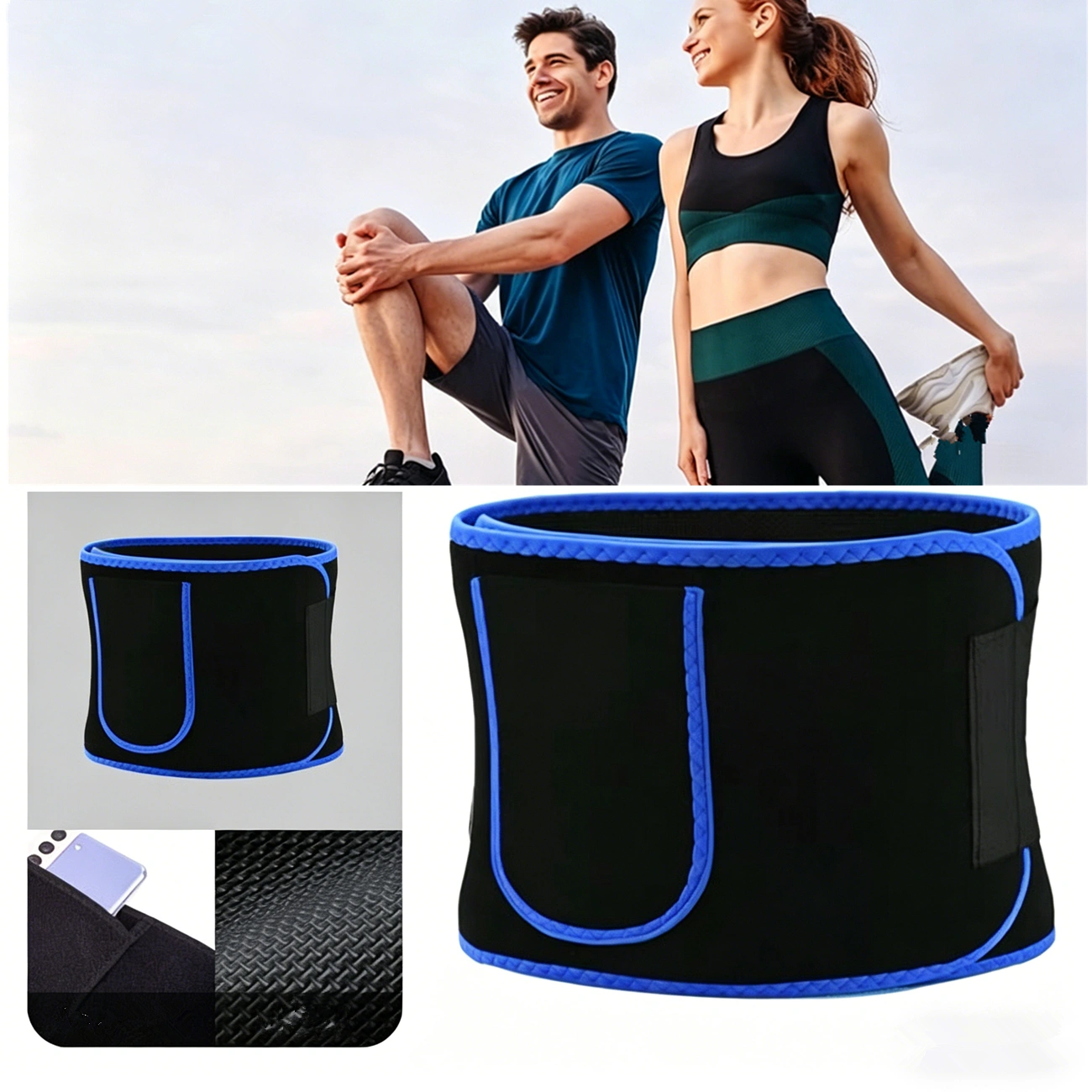 Waist Trimmer Belt Blue Black Sport Workout Shaper Burner Slimming W/ Phone Pocket Neoprene Belt view 5