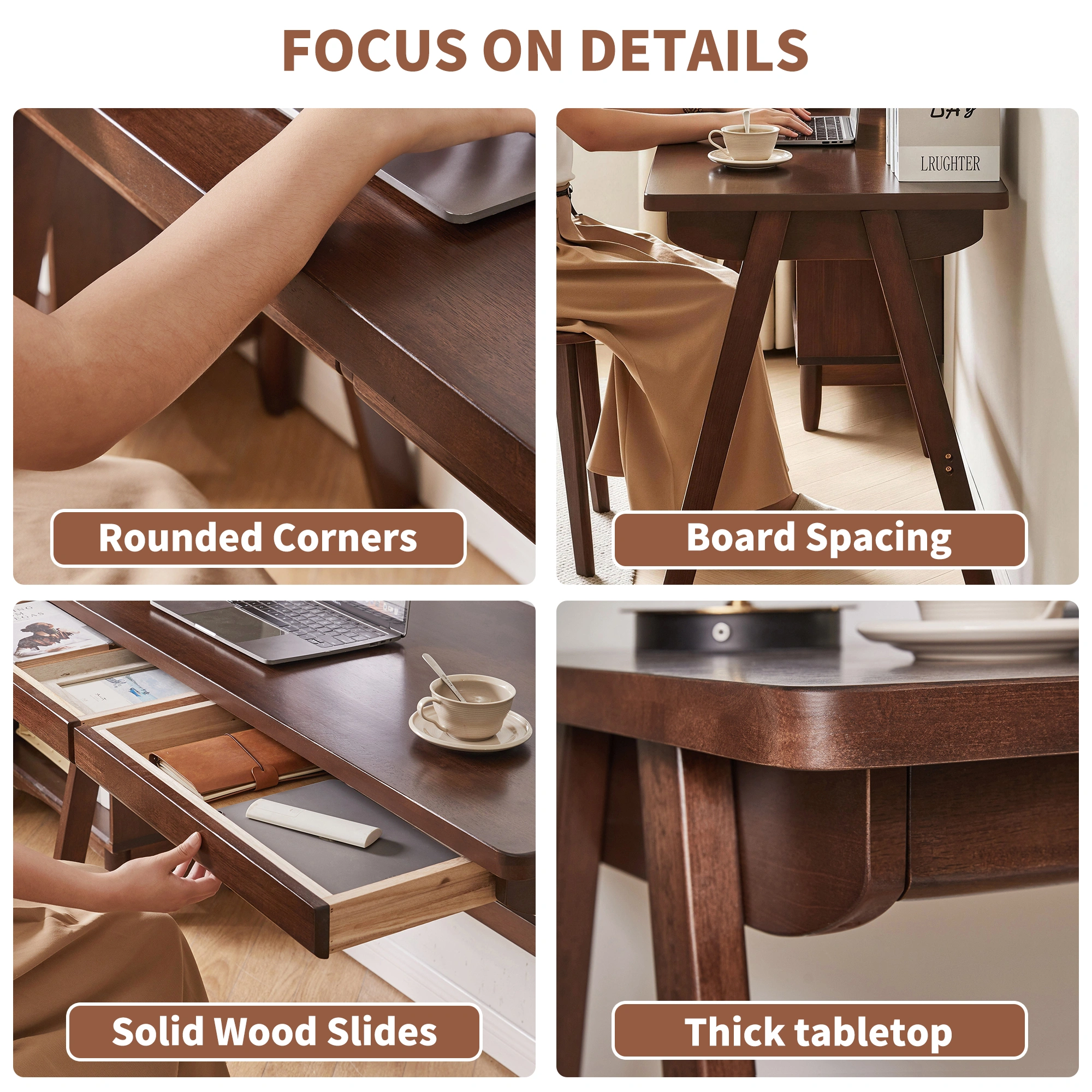 100% Solid Rubber Wood Computer Desk, Retro Walnut Writing Desk with Drawer, Sturdy A-Frame Leg, 39.37"×21.65", 0.71" Standard Thick Home Office Study Table view 11