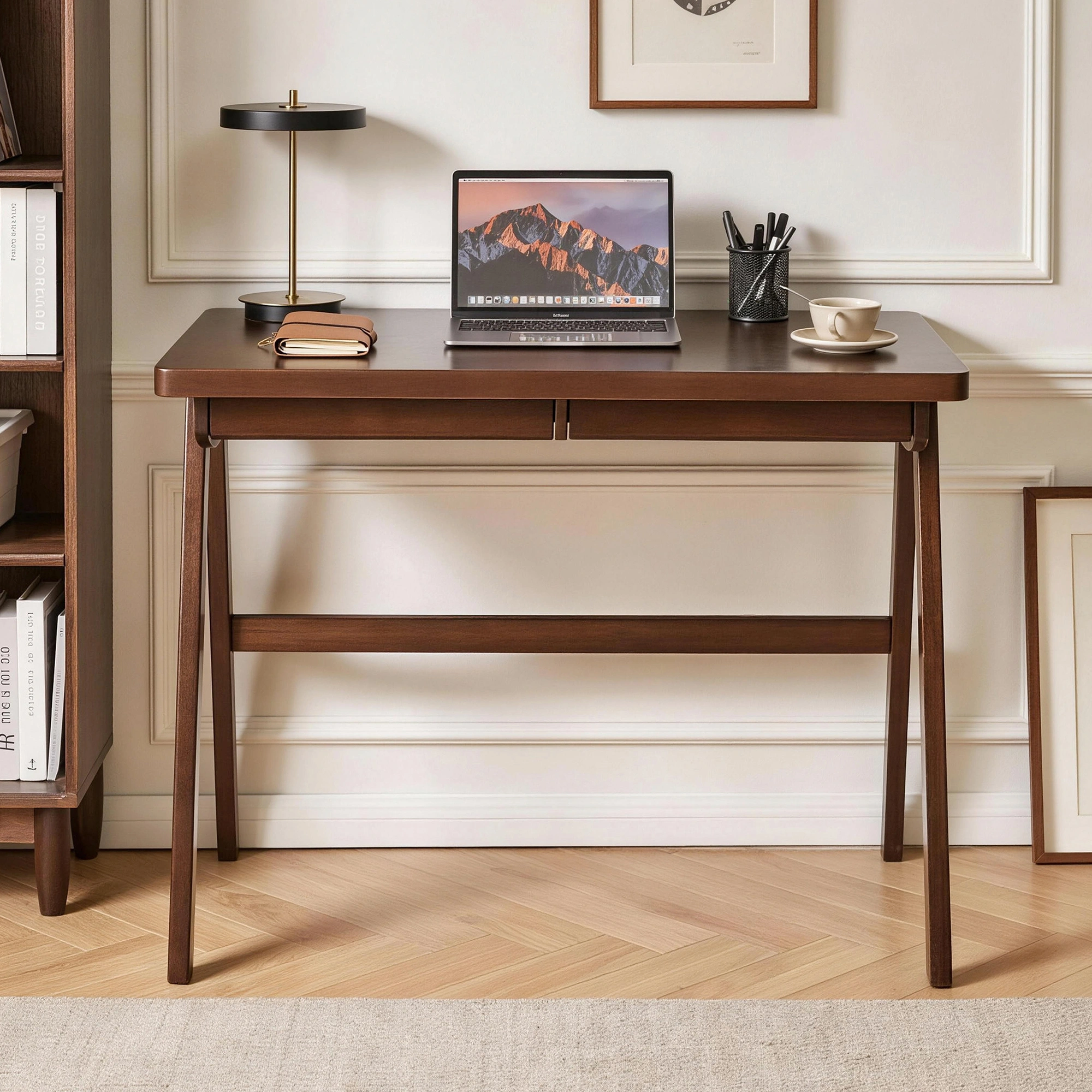 100% Solid Rubber Wood Computer Desk, Retro Walnut Writing Desk with Drawer, Sturdy A-Frame Leg, 39.37"×21.65", 0.71" Standard Thick Home Office Study Table view 15