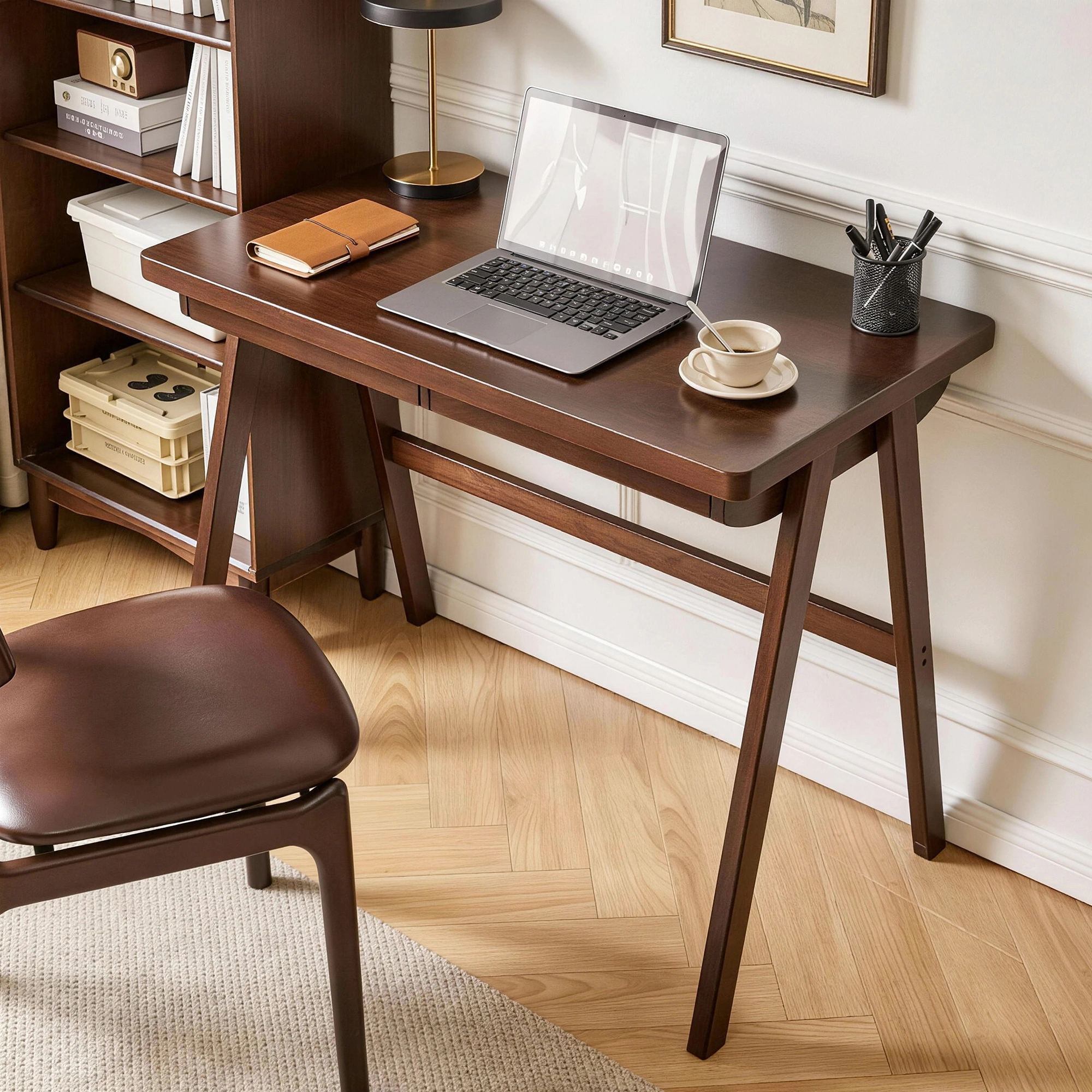 100% Solid Rubber Wood Computer Desk, Retro Walnut Writing Desk with Drawer, Sturdy A-Frame Leg, 39.37"×21.65", 0.71" Standard Thick Home Office Study Table view 17