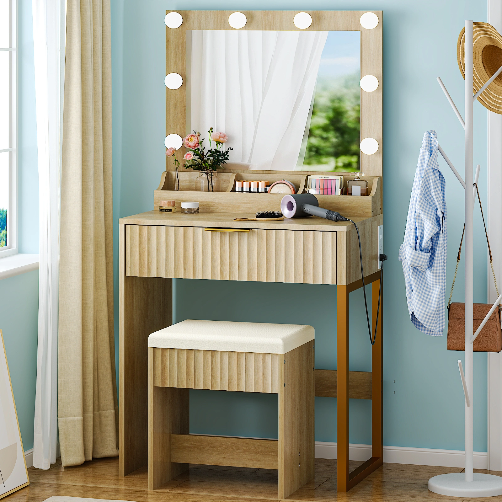 Oak-colored particleboard with a textured melamine veneer, 1 drawer with 3 compartments, dressing table set, includes 8 tri-color dimmer light bulbs, power strip, grille series