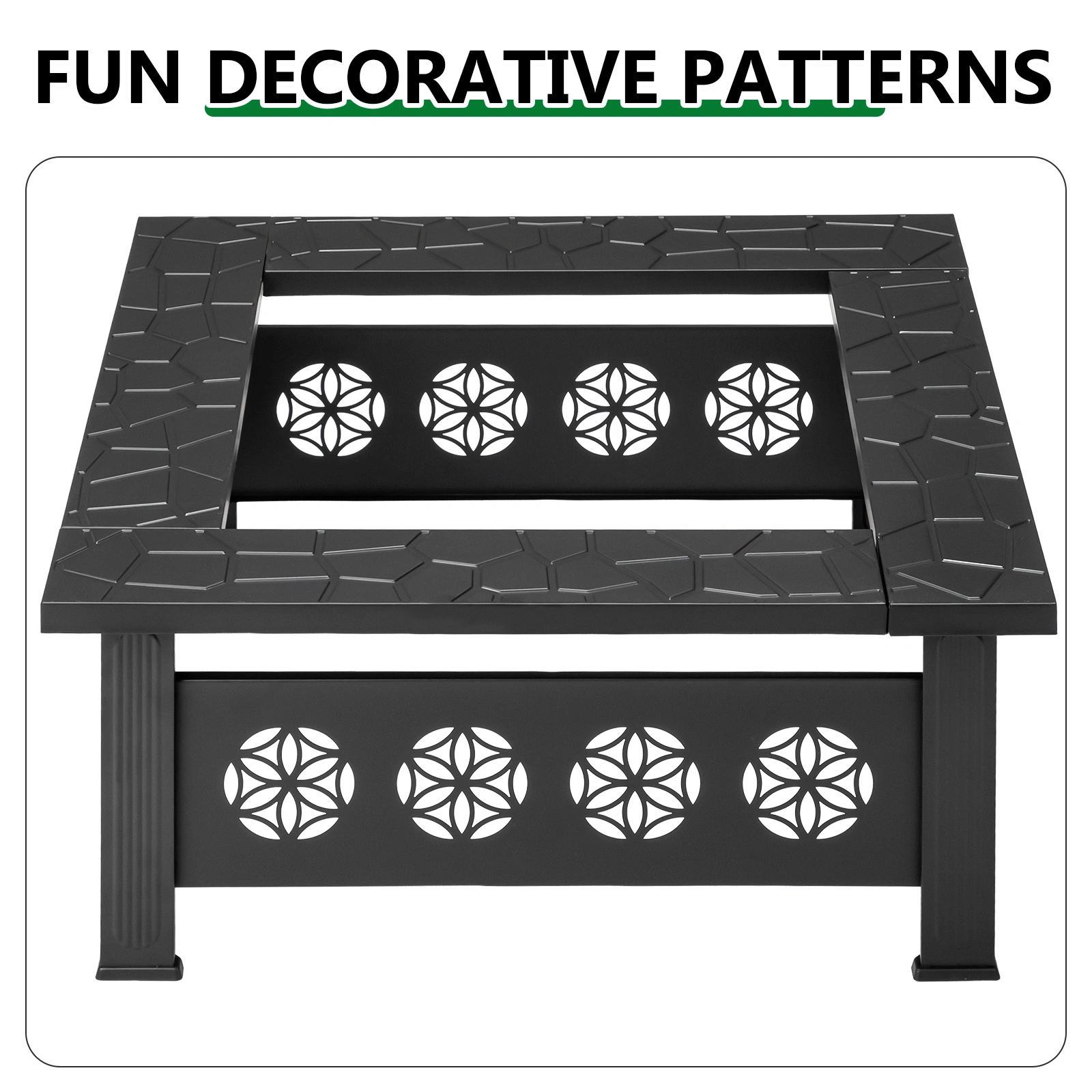32 Inch Square Outdoor Wood Burning Fire Pit Table, Heavy Duty Wrought Iron Firepit with Pyramid Spark Screen Lid & Fire Poker, Decorative Floral Cutout Patio Fire Pit for Backyard, Garden, Lawn and Camping, Black view 3