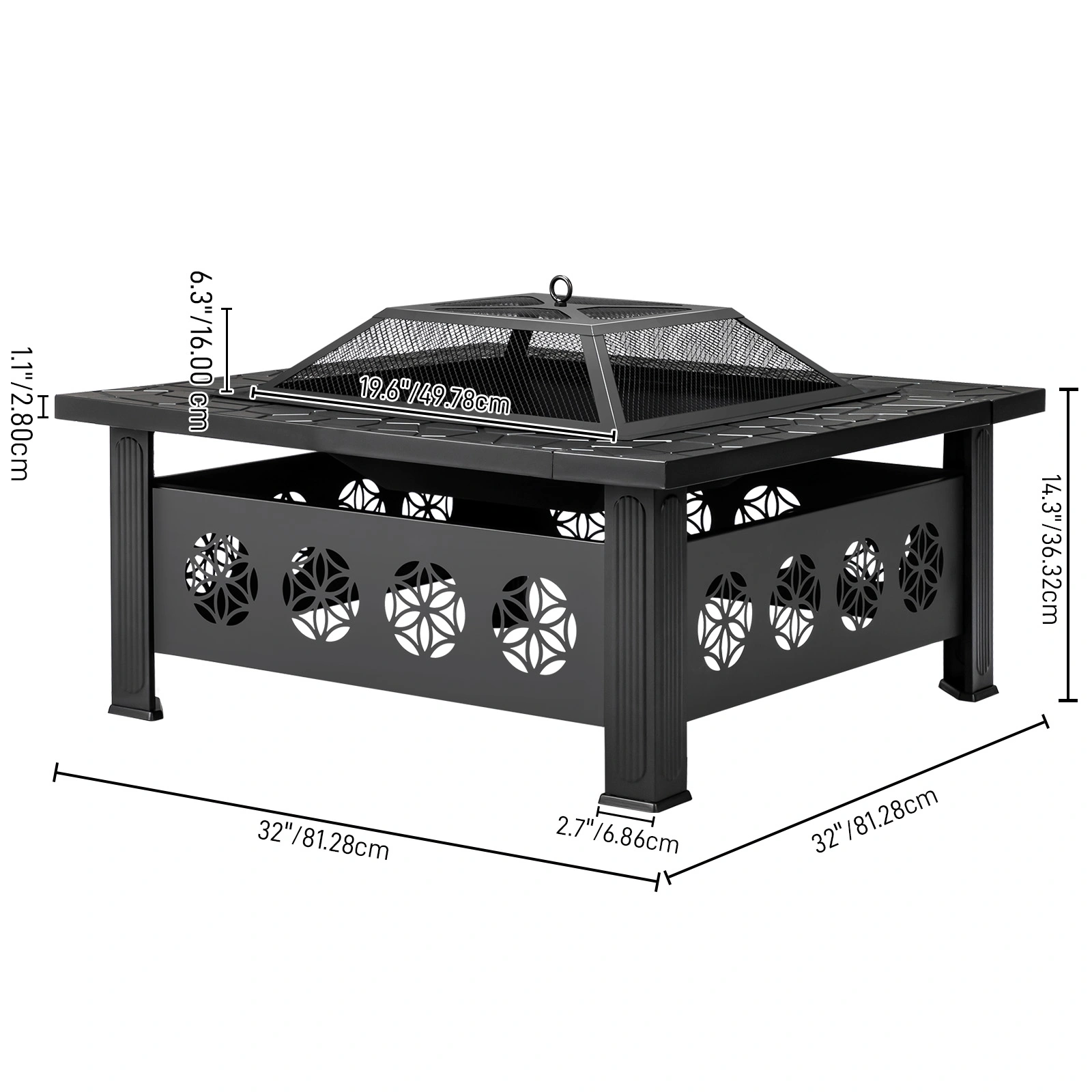 32 Inch Square Outdoor Wood Burning Fire Pit Table, Heavy Duty Wrought Iron Firepit with Pyramid Spark Screen Lid & Fire Poker, Decorative Floral Cutout Patio Fire Pit for Backyard, Garden, Lawn and Camping, Black view 4