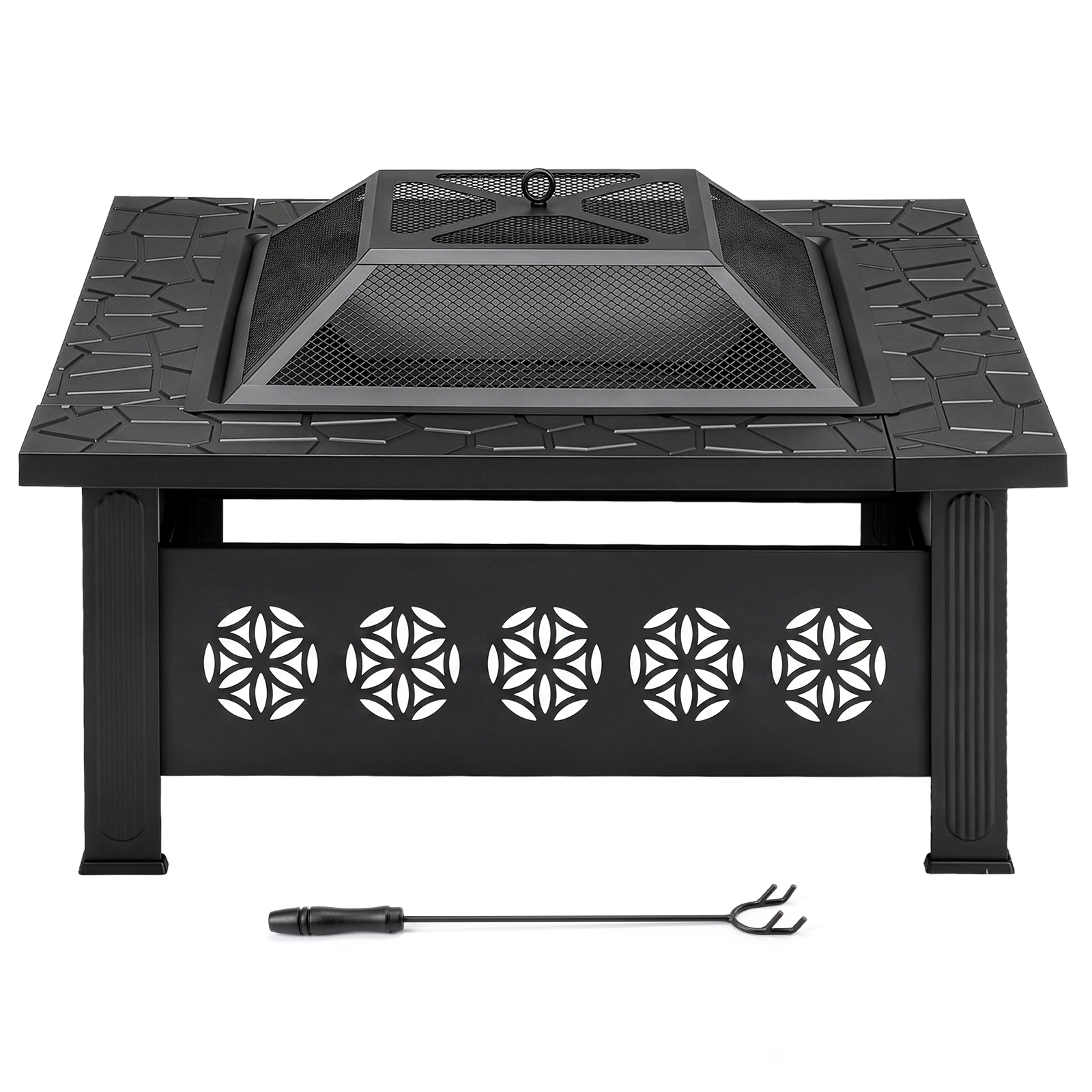 32 Inch Square Outdoor Wood Burning Fire Pit Table, Heavy Duty Wrought Iron Firepit with Pyramid Spark Screen Lid & Fire Poker, Decorative Floral Cutout Patio Fire Pit for Backyard, Garden, Lawn and Camping, Black view 6