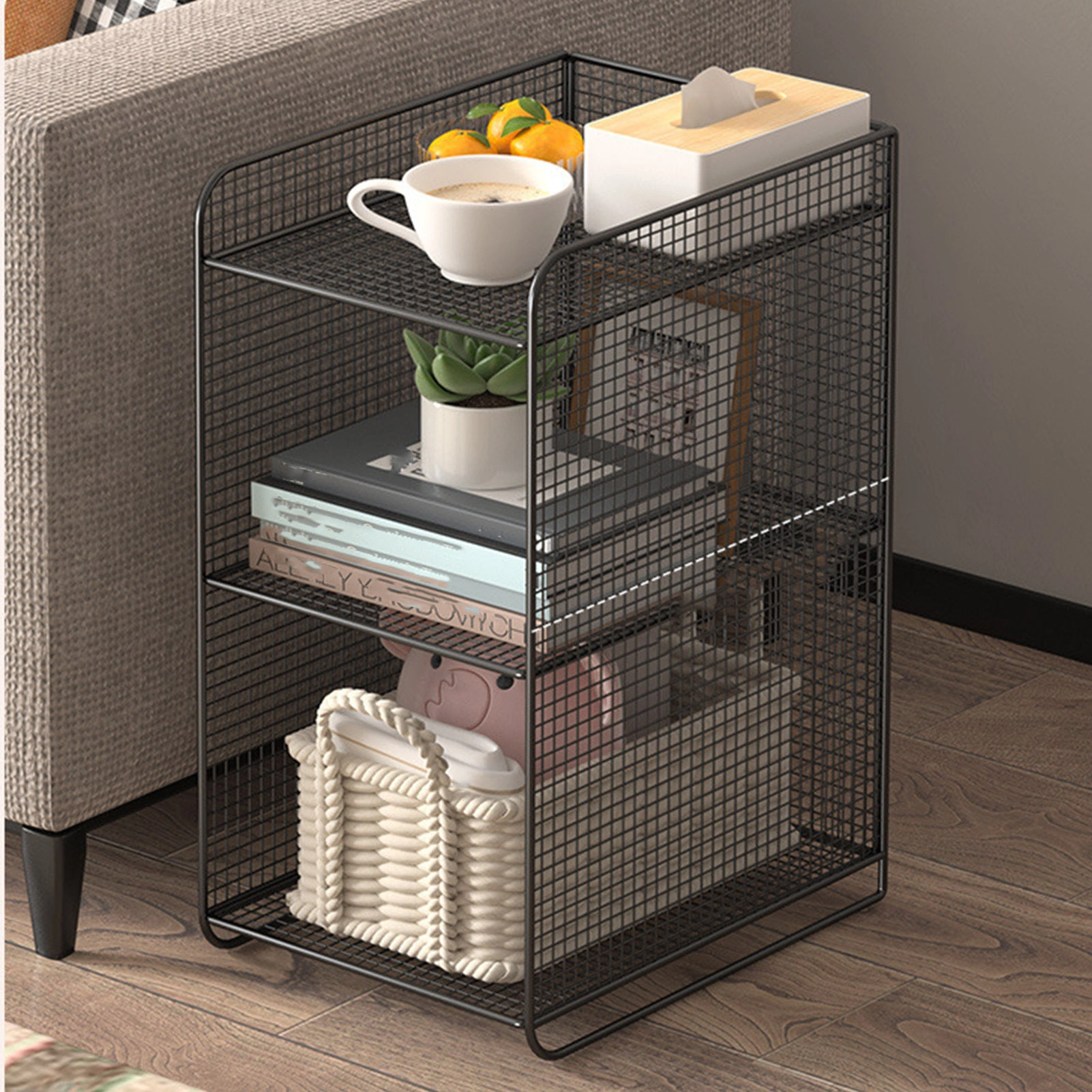Heavy Duty Metal Storage Shelf Rack - Side Table End Shelving Unit, Black Steel Organizer for Home Bedroom & Living Room view 2
