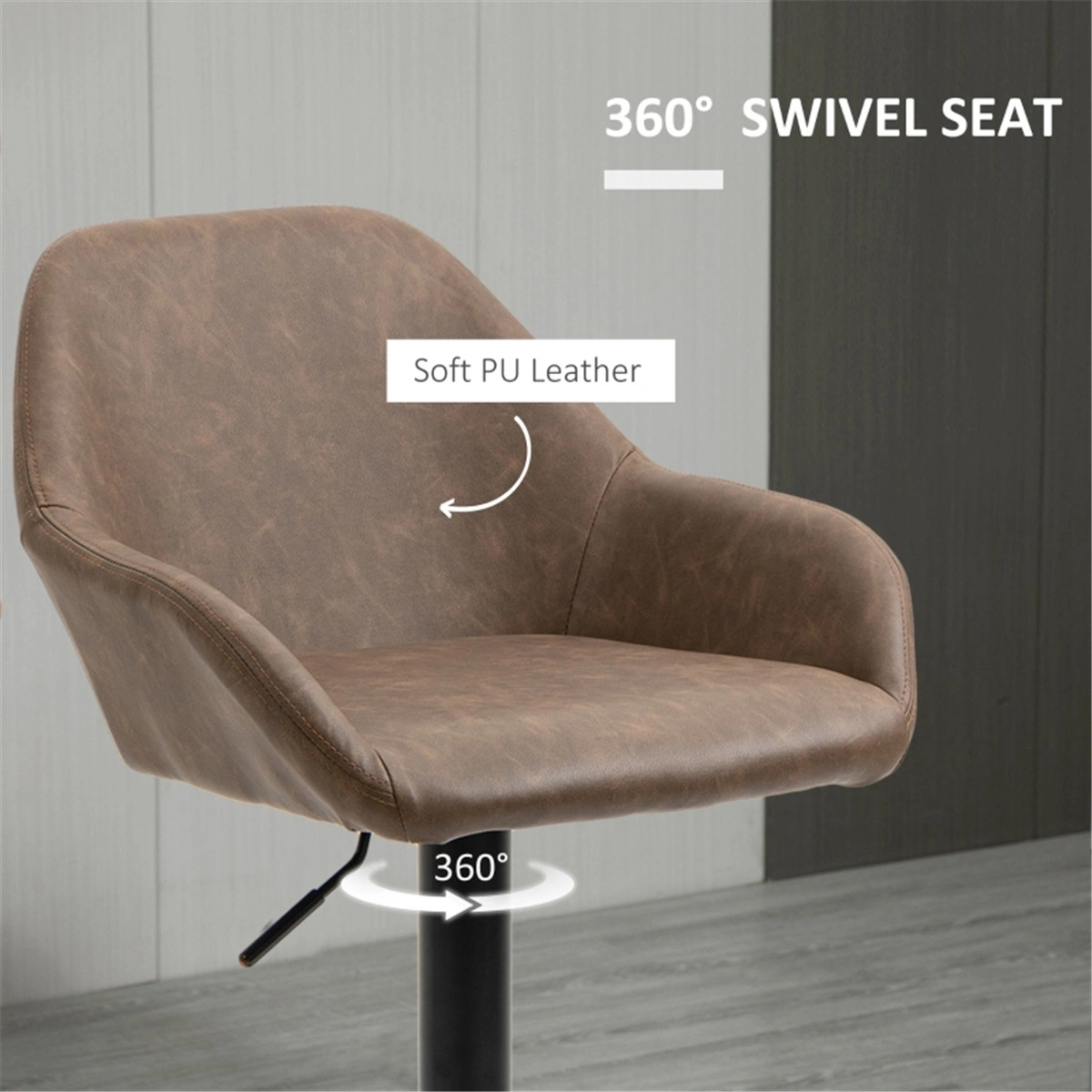 Set of 2 Bar Stools, 24 Inch Dining Chair, Contemporary Office Chair with Armrest, Velvet Upholstery, Wooden Legs, Navy Blue, Swivel Seat, Countertop Height, Non-Slip Foot Caps view 3