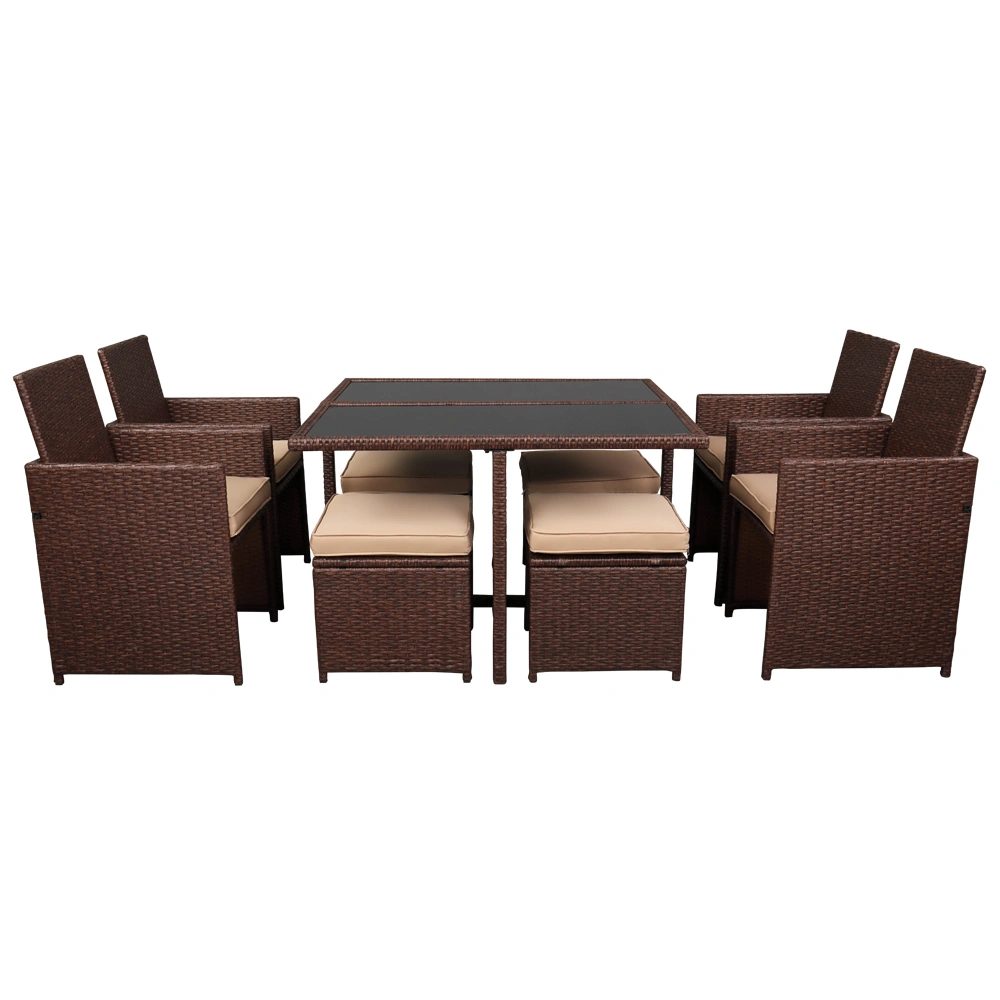 9 Piece PE Wicker Rattan Patio Dining Set with Tempered Glass Table Wood Grain Outdoor Furniture Carton 1