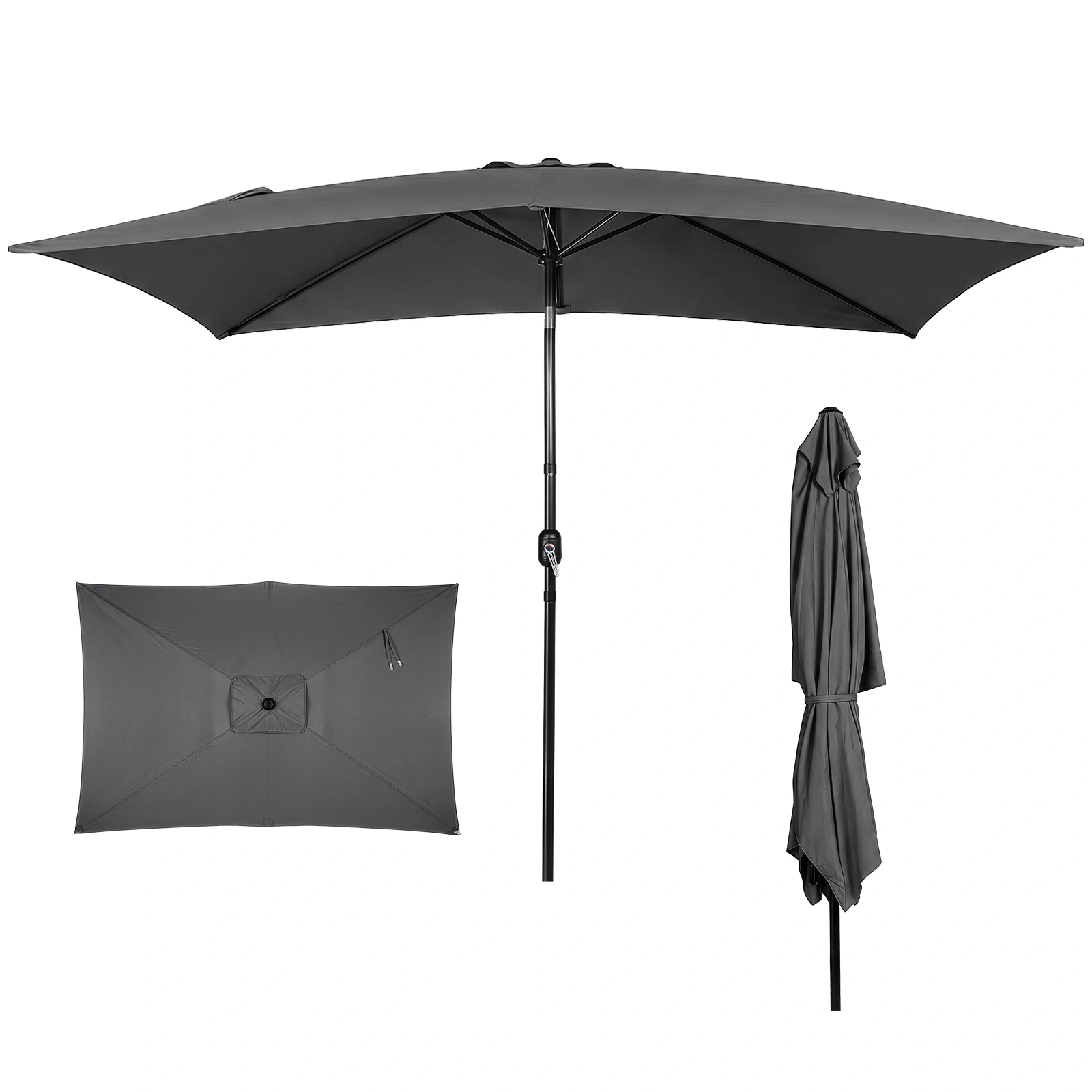 10 x 6.5 FT Square Patio Umbrella, Tilting Outdoor Sun Shade Umbrella with 6 Iron Ribs & Iron Pole, Polyester Fabric Outdoor Market Umbrella Gray view 3