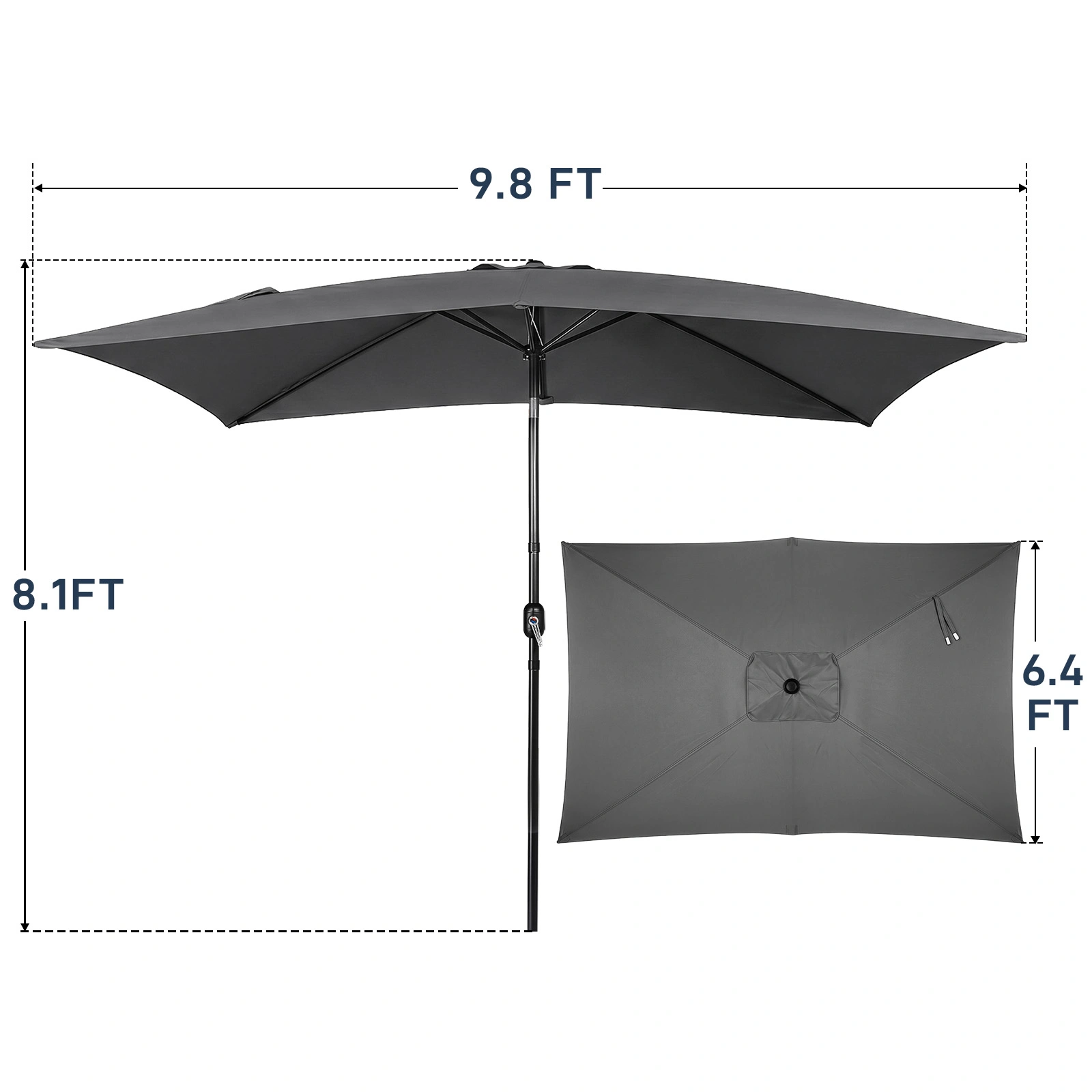 10 x 6.5 FT Square Patio Umbrella, Tilting Outdoor Sun Shade Umbrella with 6 Iron Ribs & Iron Pole, Polyester Fabric Outdoor Market Umbrella Gray view 4