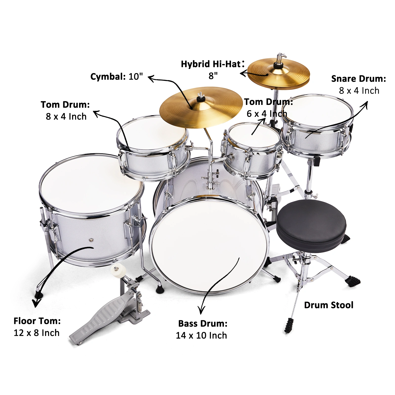 14"x10" 5-Pieces Junior Kids Drum Set Kit Pedal Drum Stick Wrench Drum Stool Silver view 8