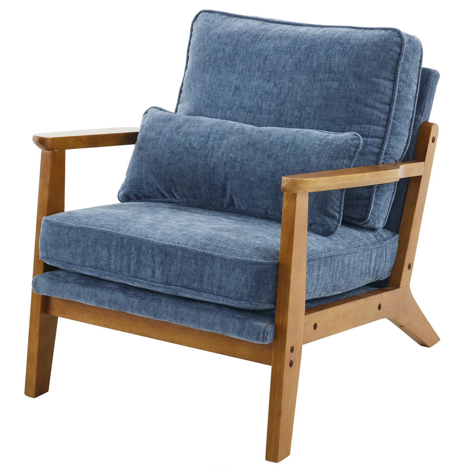 Mid-Century Accent Chair in Deep Navy Blue Chenille Upholstery, Oak Wood Frame, 330 LBS Capacity, Sturdy Indoor Lounge Armchair view 2