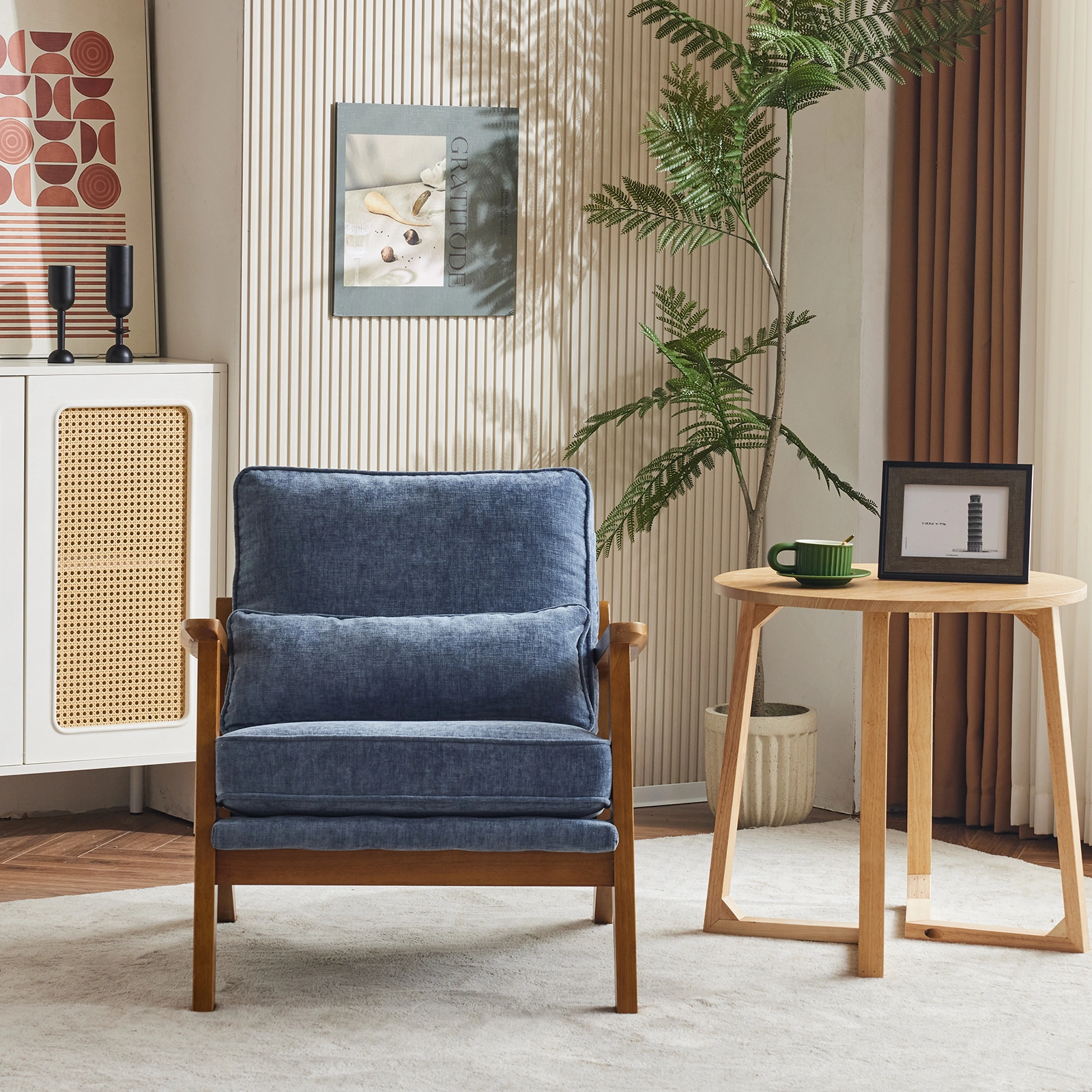 Mid-Century Accent Chair in Deep Navy Blue Chenille Upholstery, Oak Wood Frame, 330 LBS Capacity, Sturdy Indoor Lounge Armchair view 4