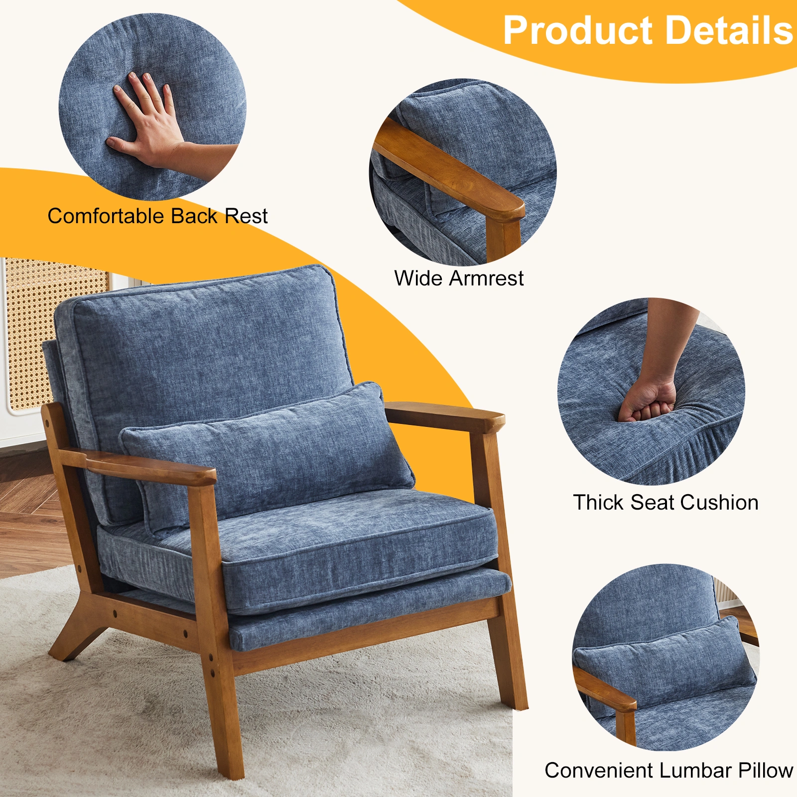 Mid-Century Accent Chair in Deep Navy Blue Chenille Upholstery, Oak Wood Frame, 330 LBS Capacity, Sturdy Indoor Lounge Armchair view 5