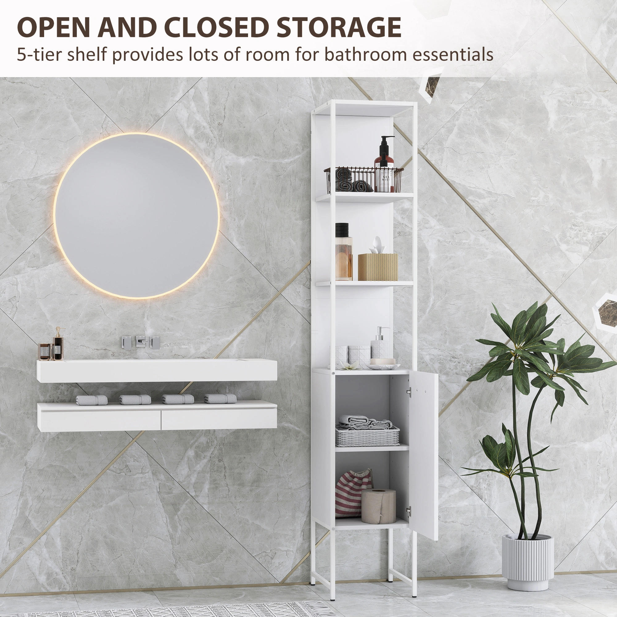 White Bathroom Storage Cabinet, Freestanding Vanity Organizer with Doors & Shelves, Space-Saving Bath Cube