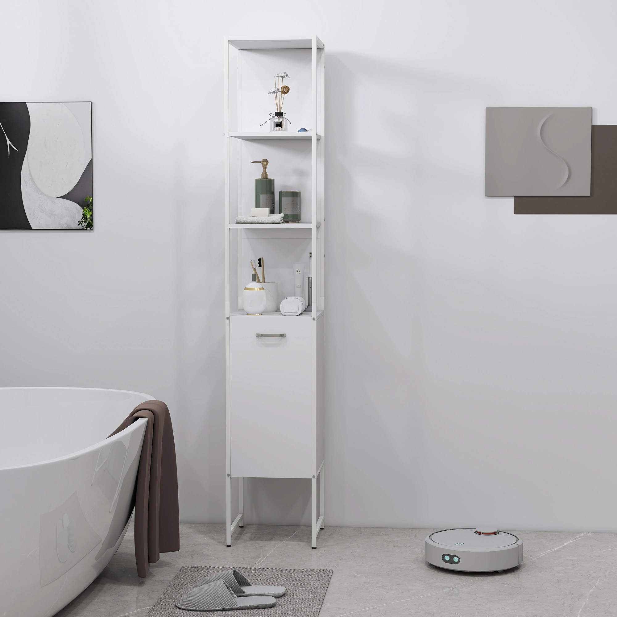 White Bathroom Storage Cabinet, Freestanding Vanity Organizer with Doors & Shelves, Space-Saving Bath Cube view 3