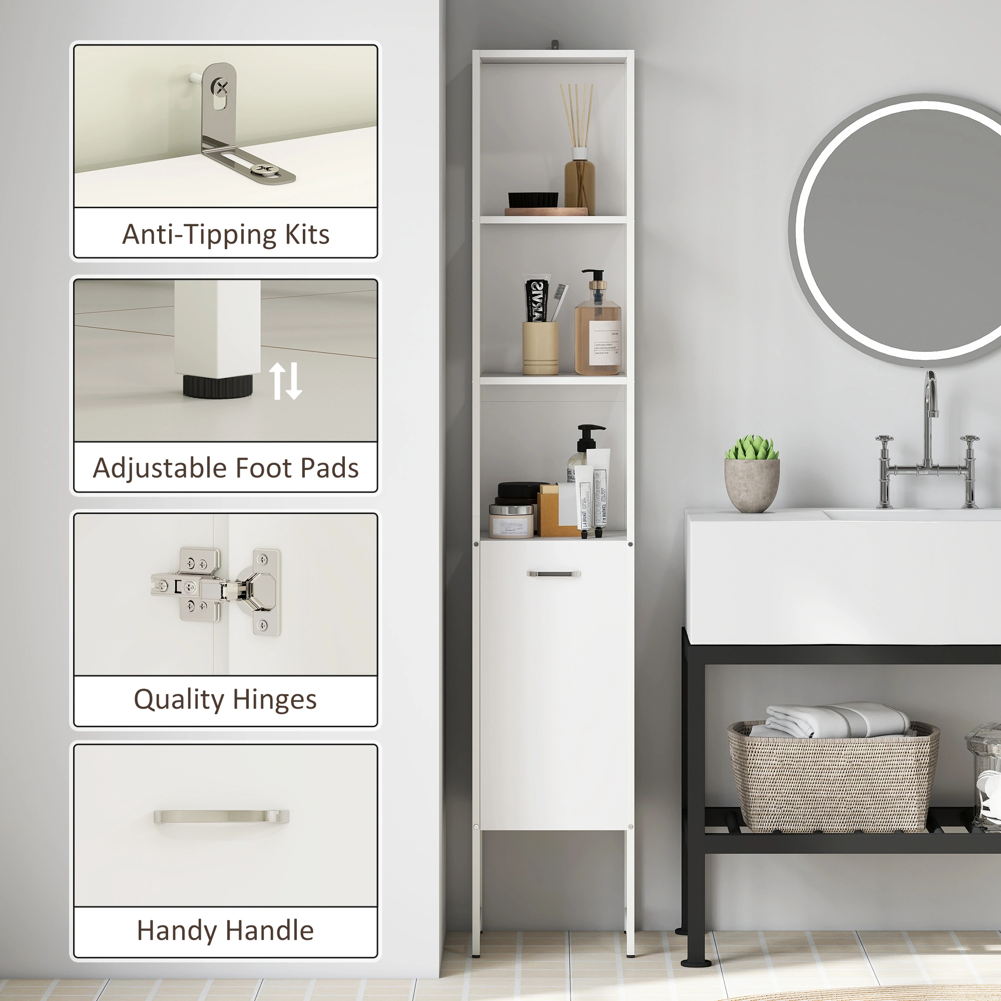 White Bathroom Storage Cabinet, Freestanding Vanity Organizer with Doors & Shelves, Space-Saving Bath Cube view 4