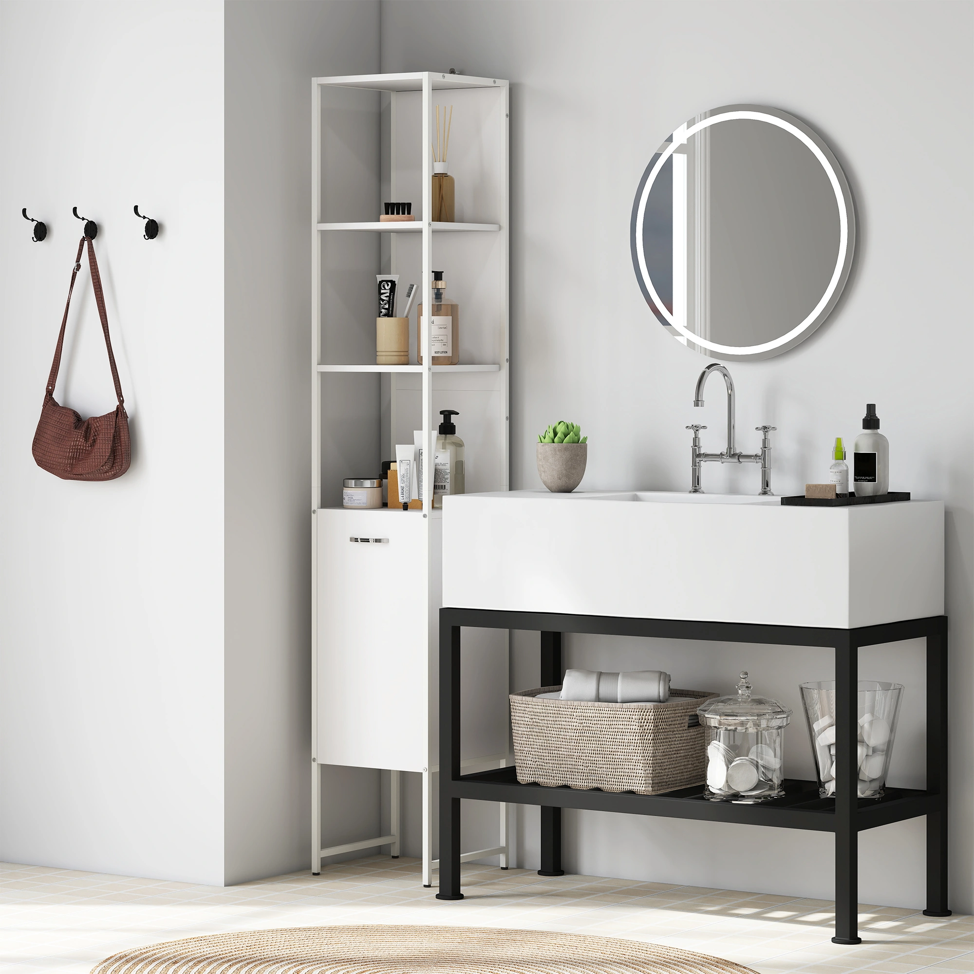 White Bathroom Storage Cabinet, Freestanding Vanity Organizer with Doors & Shelves, Space-Saving Bath Cube view 5