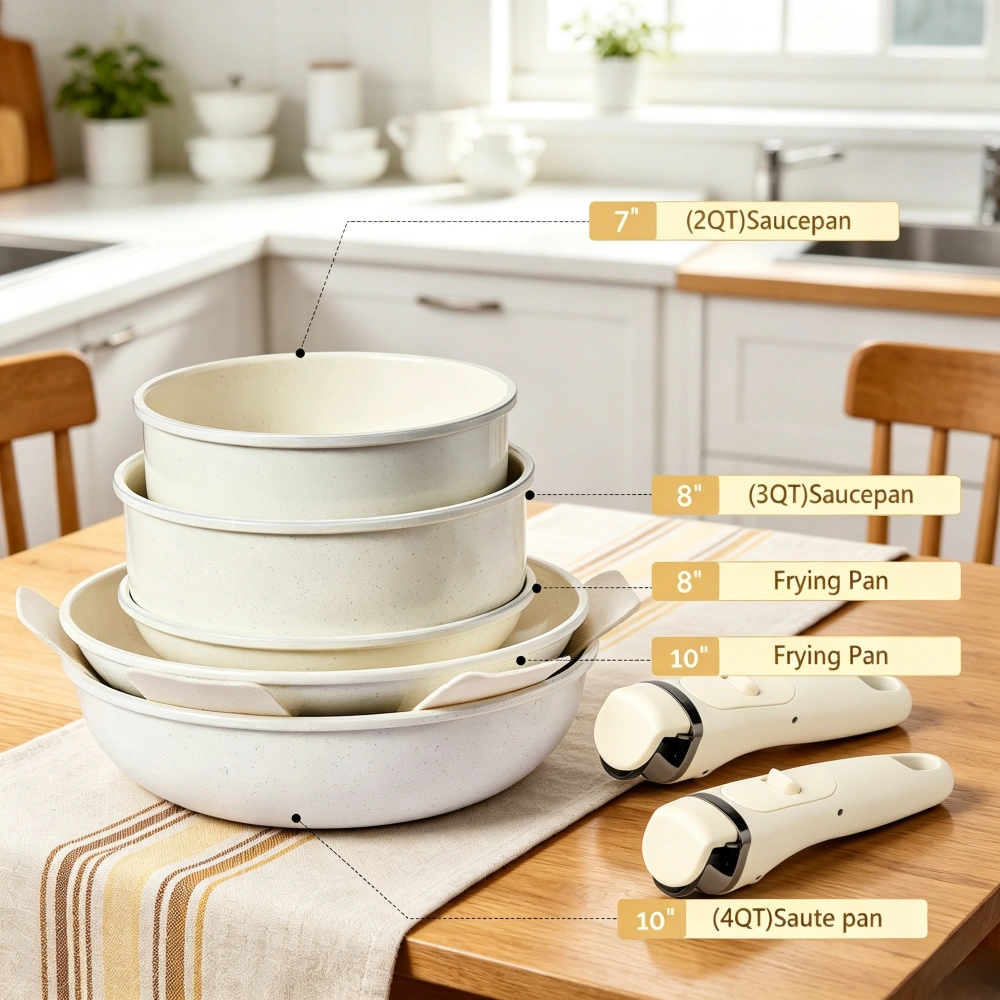 19-piece aluminum cookware set five pots, two lids, detachable handles