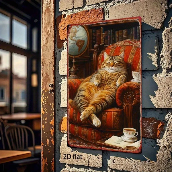 CIFbuy Vintage Cat In Armchair Metal Wall Art, 8x" Inch Rustic Iron Hanging Decor With Bookshelf & Teacup, Teacup, 2D Flat Retro Home Wall Sig view 4