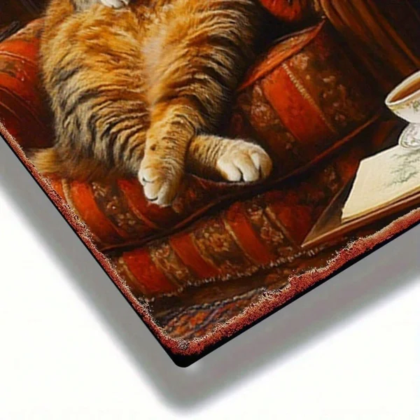 CIFbuy Vintage Cat In Armchair Metal Wall Art, 8x" Inch Rustic Iron Hanging Decor With Bookshelf & Teacup, Teacup, 2D Flat Retro Home Wall Sig view 5