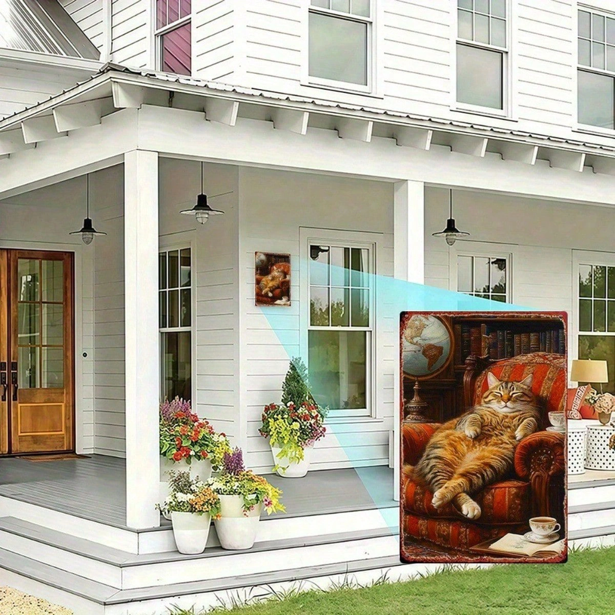 CIFbuy Vintage Cat In Armchair Metal Wall Art, 8x" Inch Rustic Iron Hanging Decor With Bookshelf & Teacup, Teacup, 2D Flat Retro Home Wall Sig view 3