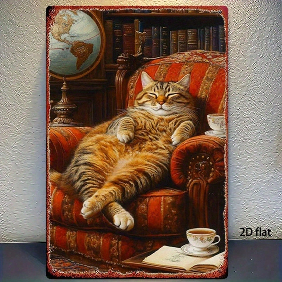 CIFbuy Vintage Cat In Armchair Metal Wall Art, 8x" Inch Rustic Iron Hanging Decor With Bookshelf & Teacup, Teacup, 2D Flat Retro Home Wall Sig view 7