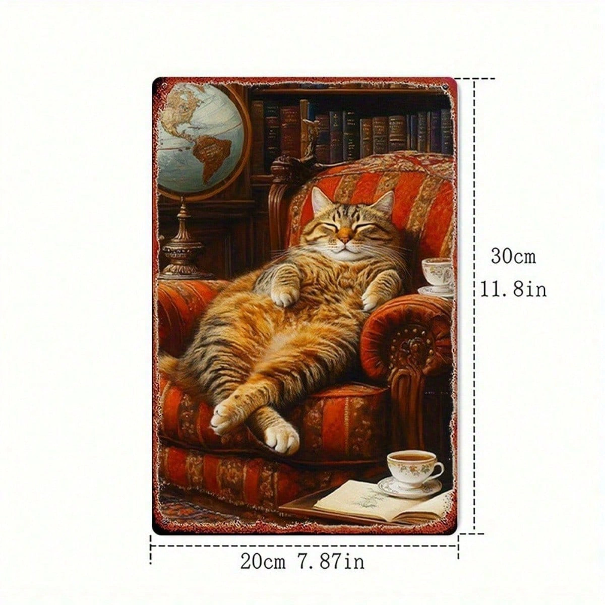 CIFbuy Vintage Cat In Armchair Metal Wall Art, 8x" Inch Rustic Iron Hanging Decor With Bookshelf & Teacup, Teacup, 2D Flat Retro Home Wall Sig view 8