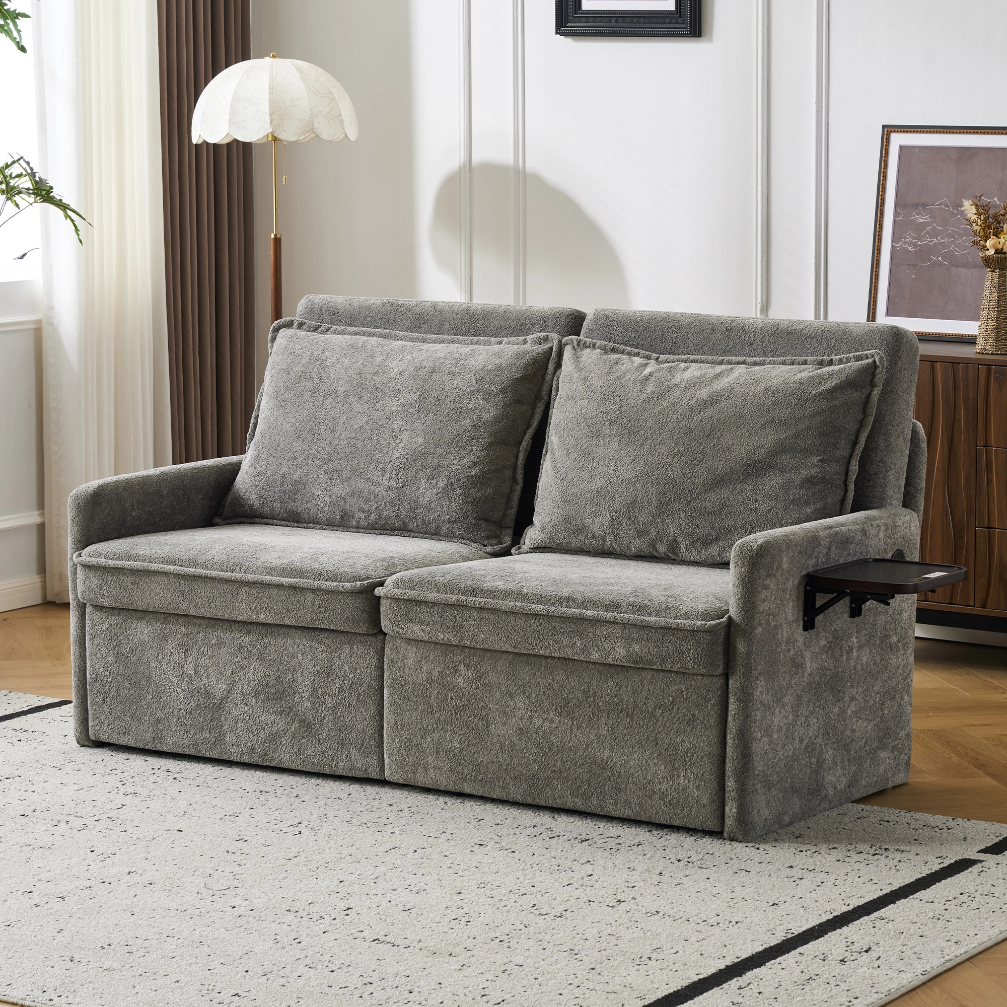 Sofa with Sleep Function Sleep Sofa with Cushions and USB, 3-in-1 Sofa&Couch with 5-Stage Adjustable Backrest, Foldable Sofa Bed with Storage, Chenille, Grey