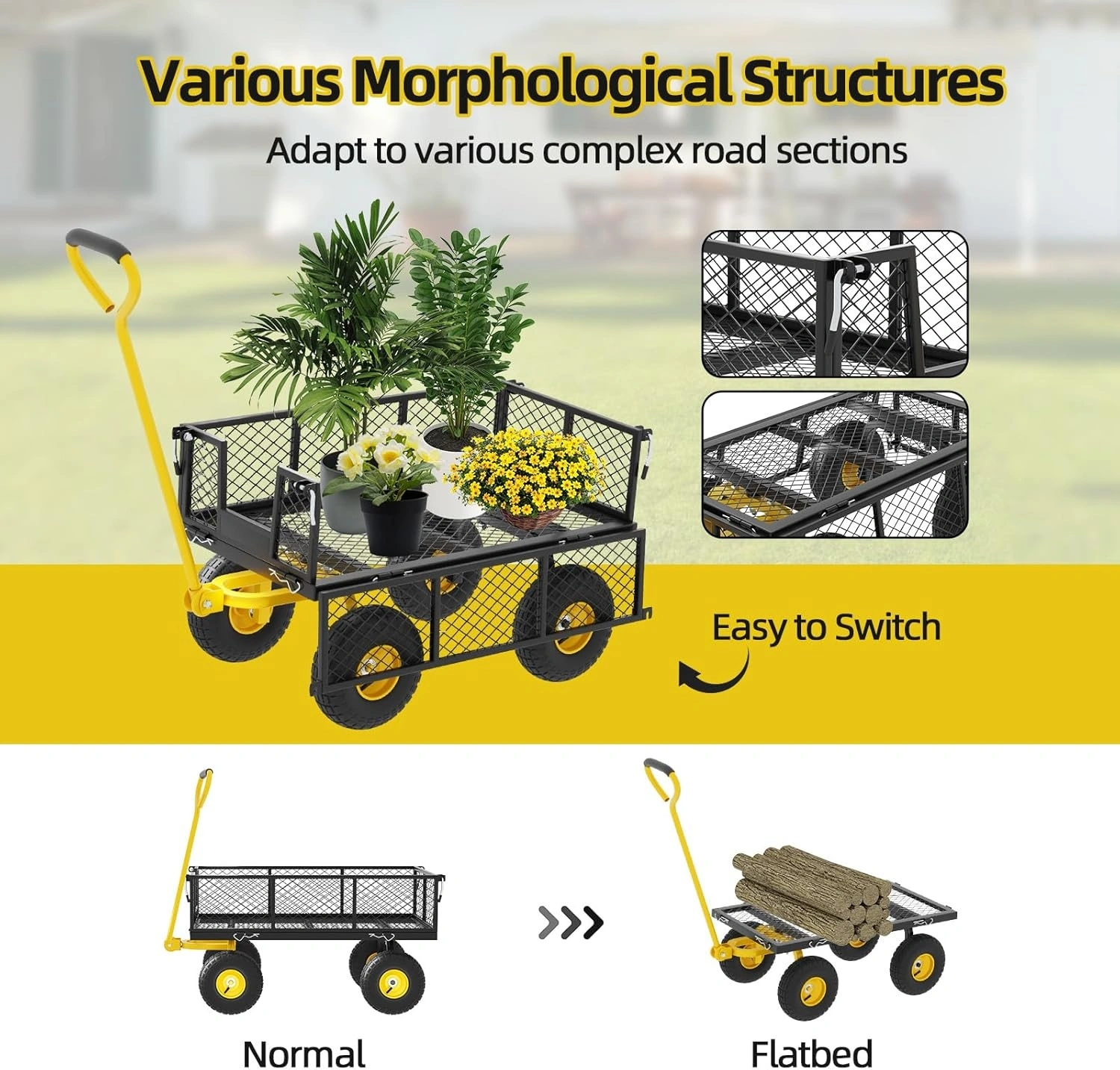 1100lb Heavy Duty Steel Garden Cart, Utility Wagon with Removable Sides and Rotating Handle, Outdoor Wagon for Garden Farm Yard view 5
