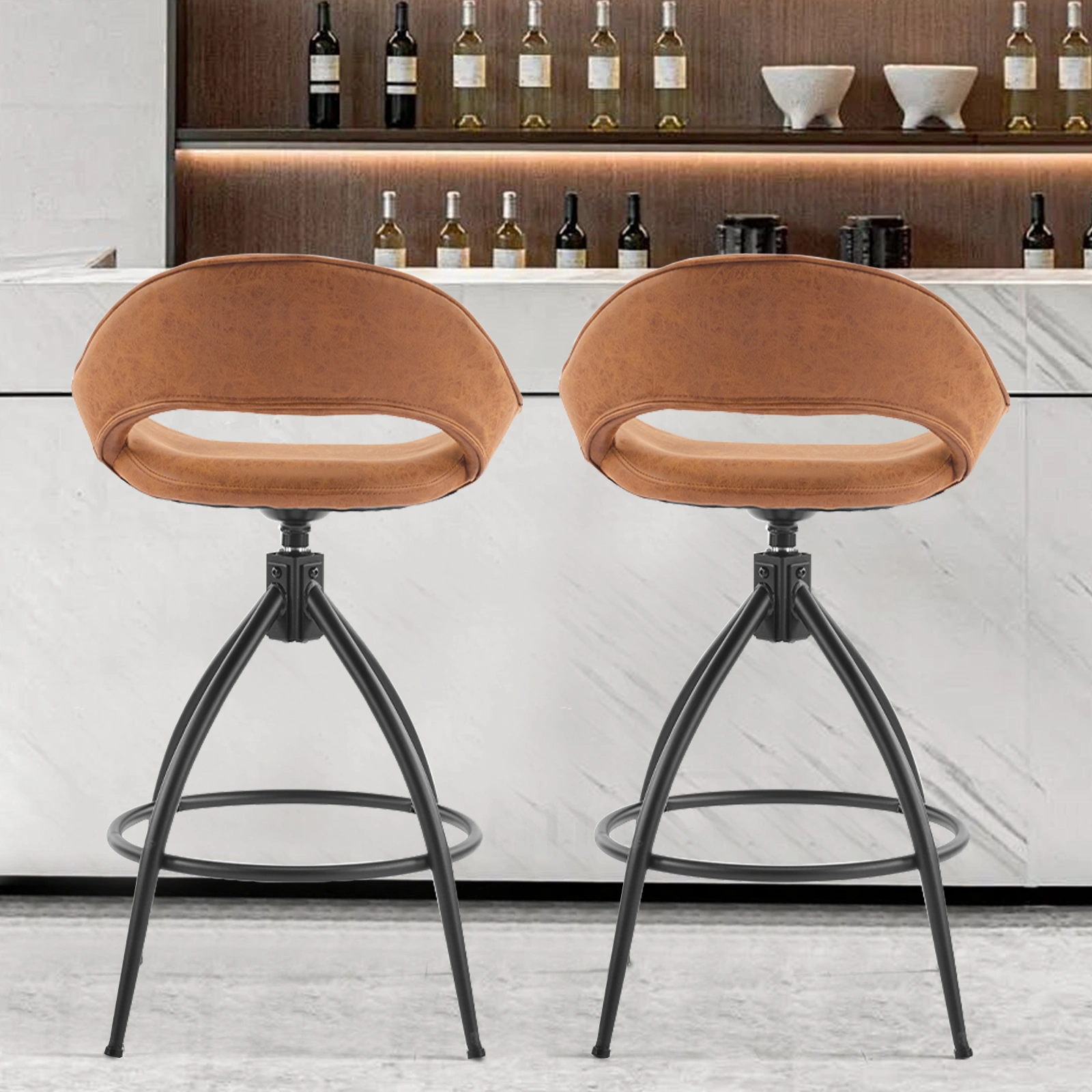 2PCS Brown PU Leather Bar Stool Hollow Backrest Swivel Seat Bent Iron Legs Spray-Coated Feet Commercial Grade view 3
