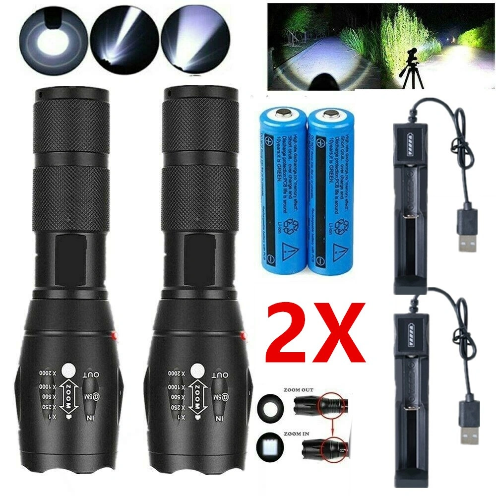 2 Pack USB Rechargeable LED Flashlight, 5-Mode Adjustable Focus Torch with Battery & USB Charger, Outdoor